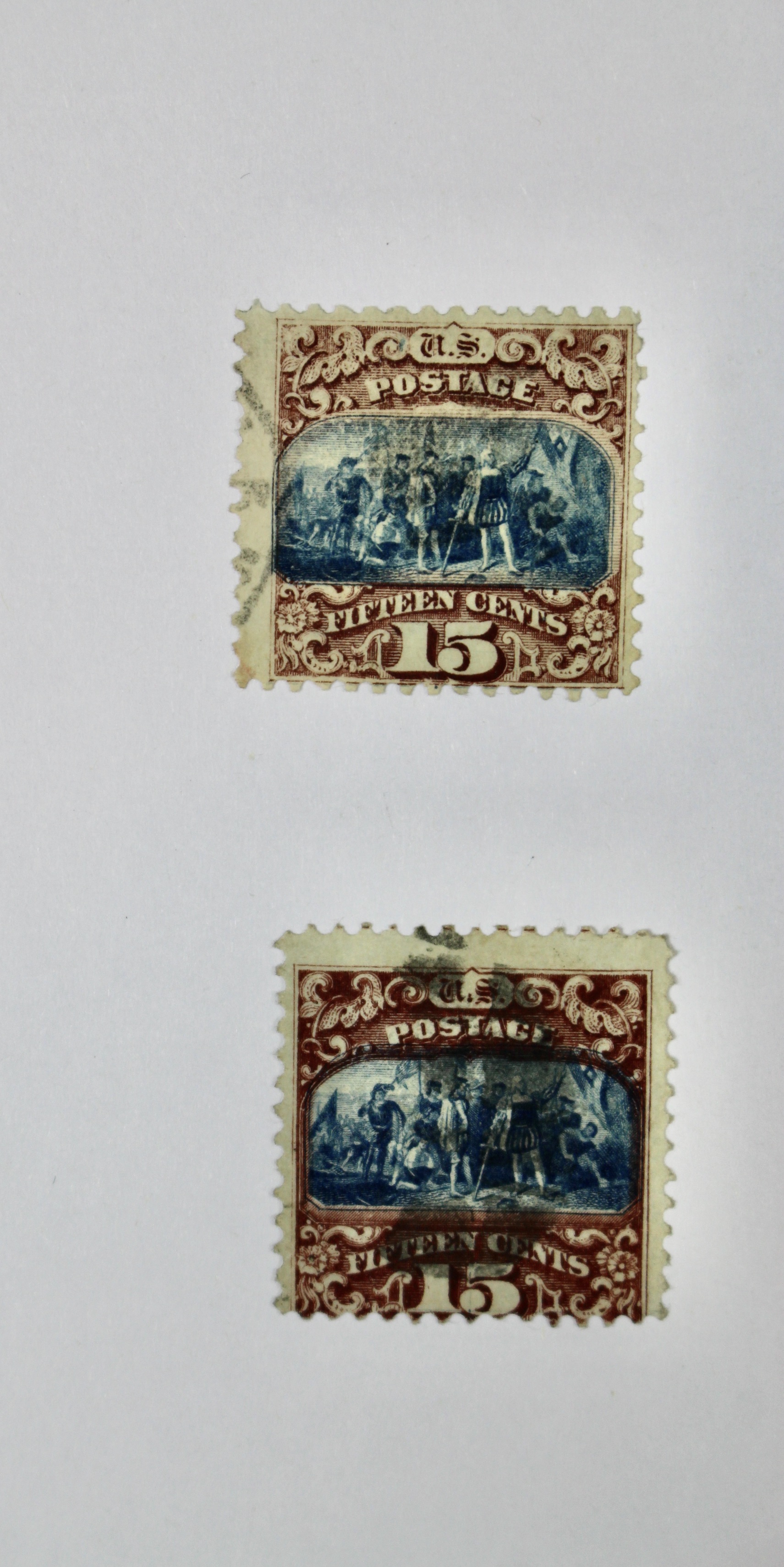Two Used 15-Cent 1869 Pictorial Postage Stamps