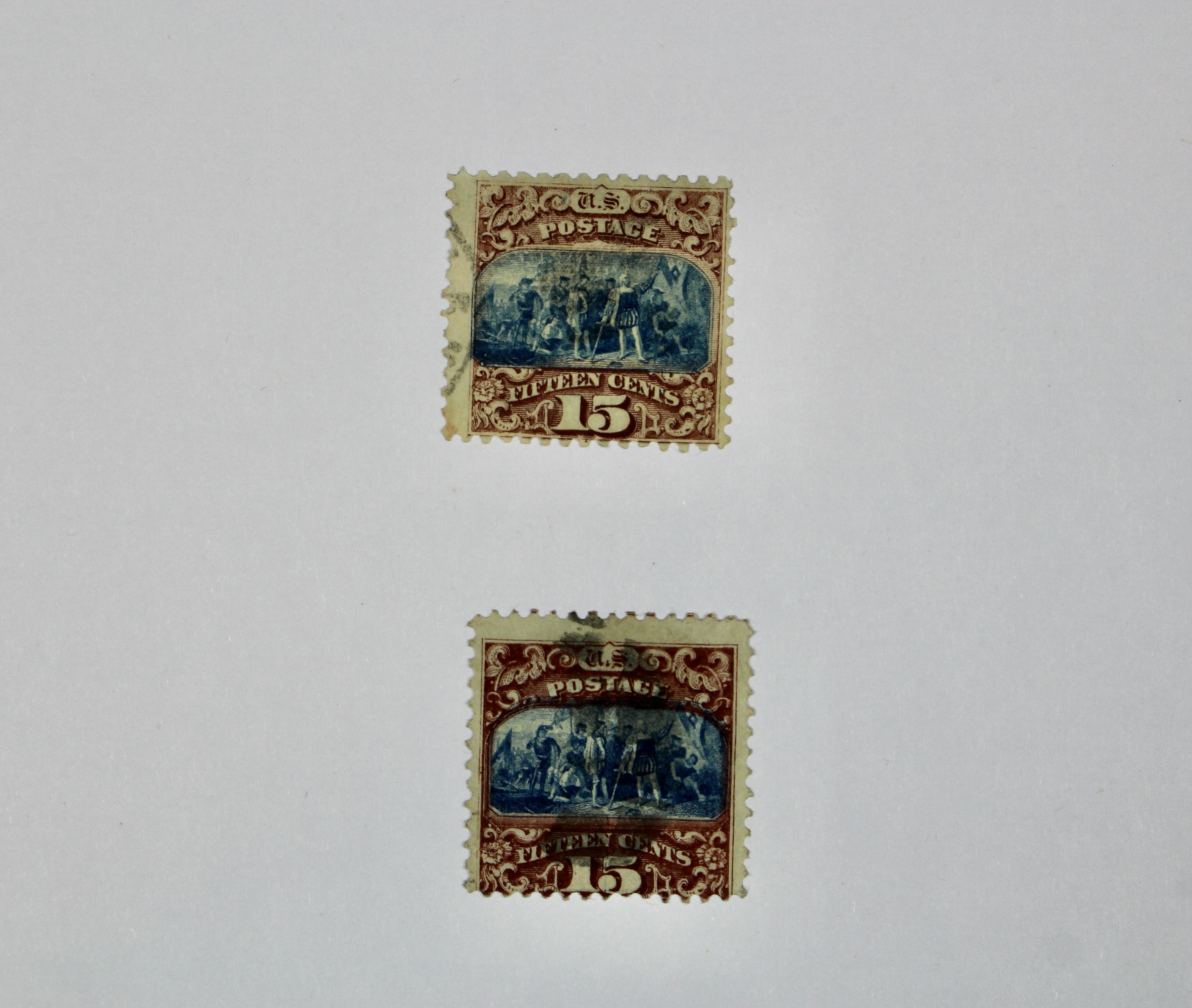Two Used 15-Cent 1869 Pictorial Postage Stamps