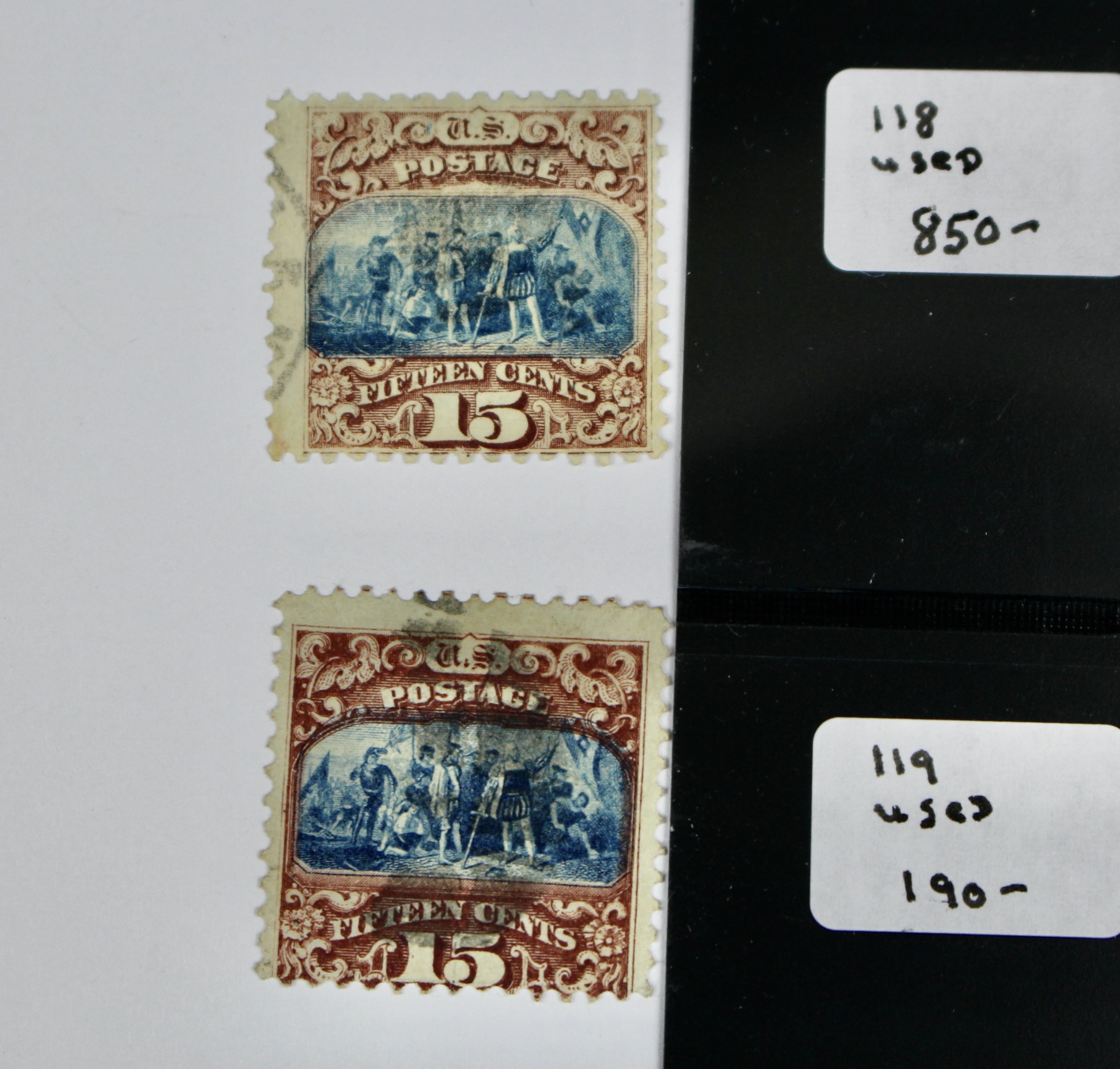 Two Used 15-Cent 1869 Pictorial Postage Stamps