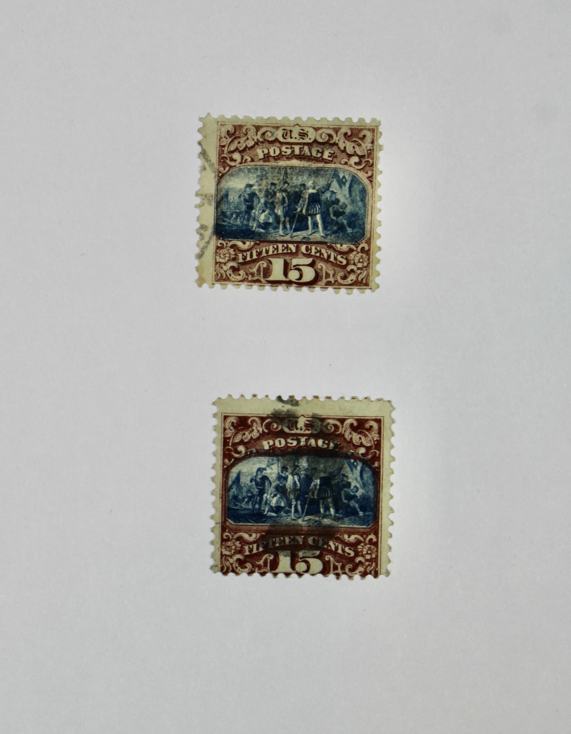 Two Used 15-Cent 1869 Pictorial Postage Stamps