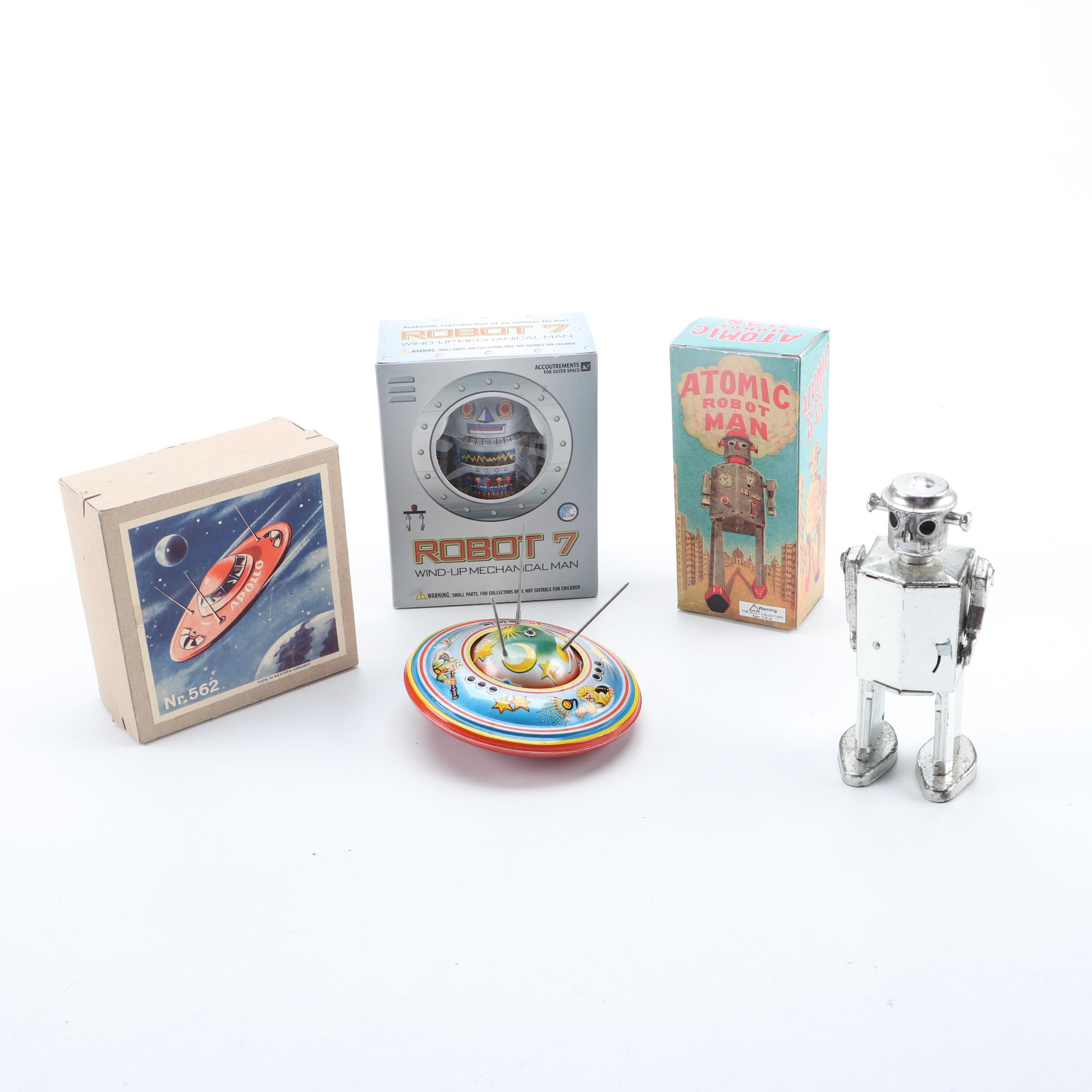 Atomic Robot Man, Robot 7 and Apollo Metal Toys, Mid to Late 20th Century