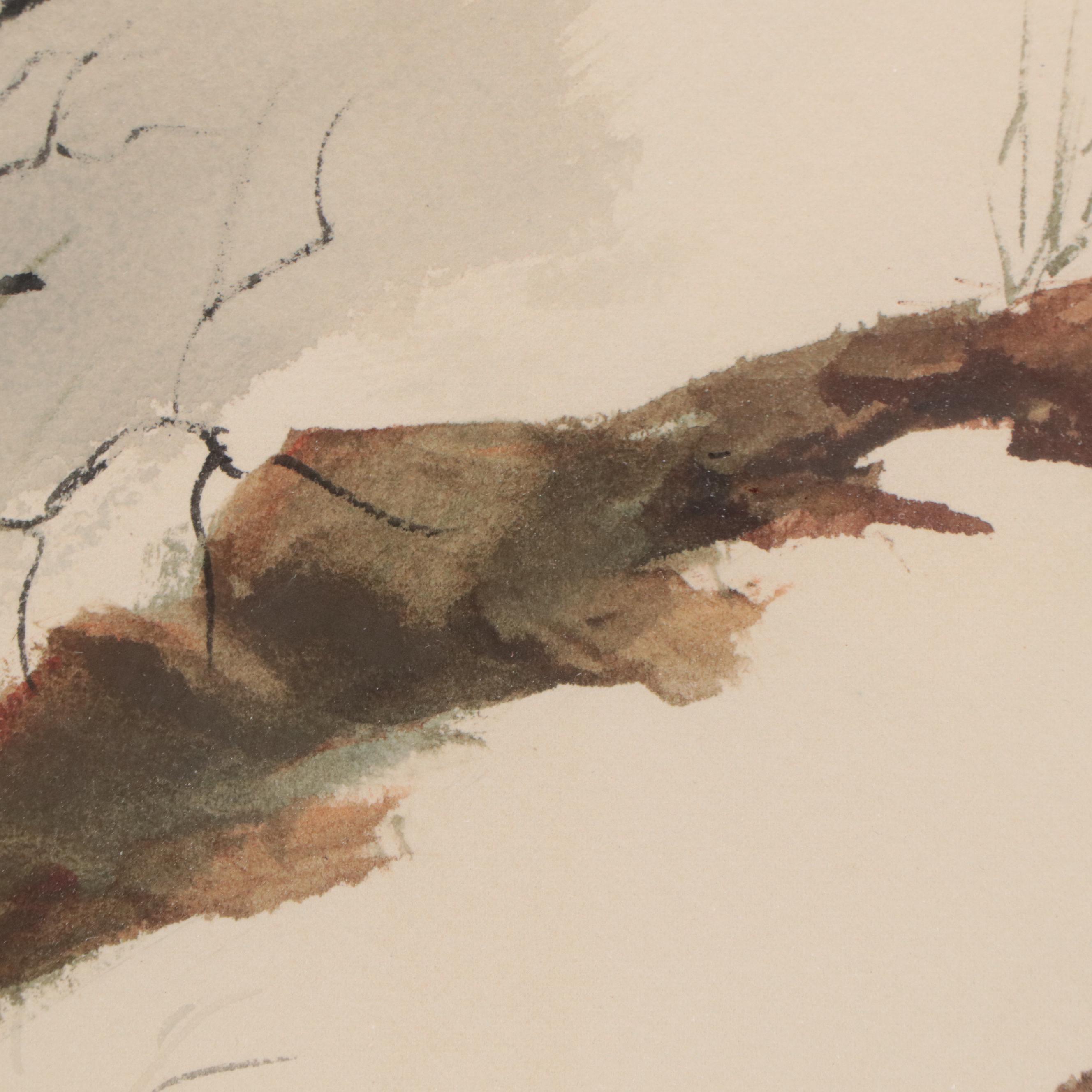 Winter Landscape Watercolor Painting of Barn