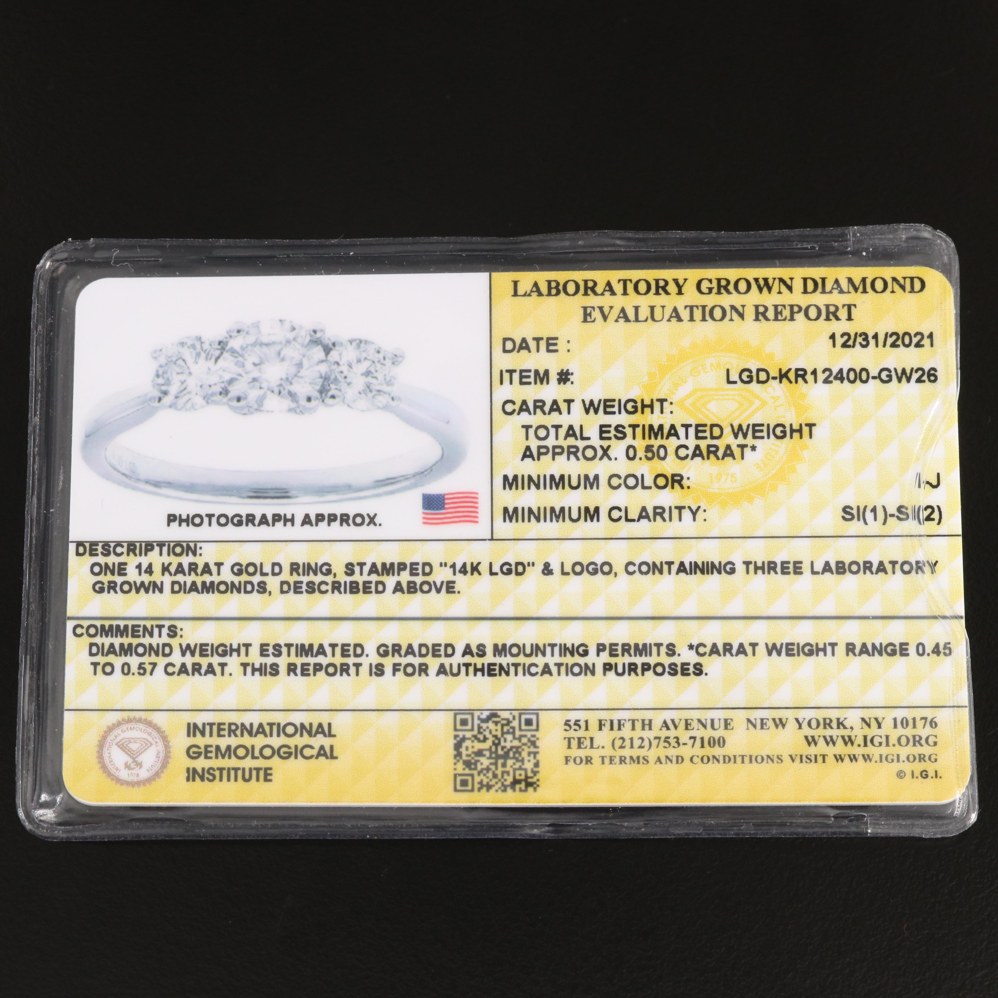 14K 0.50 CTW Lab Grown Diamond Three Stone Ring with IGI Report