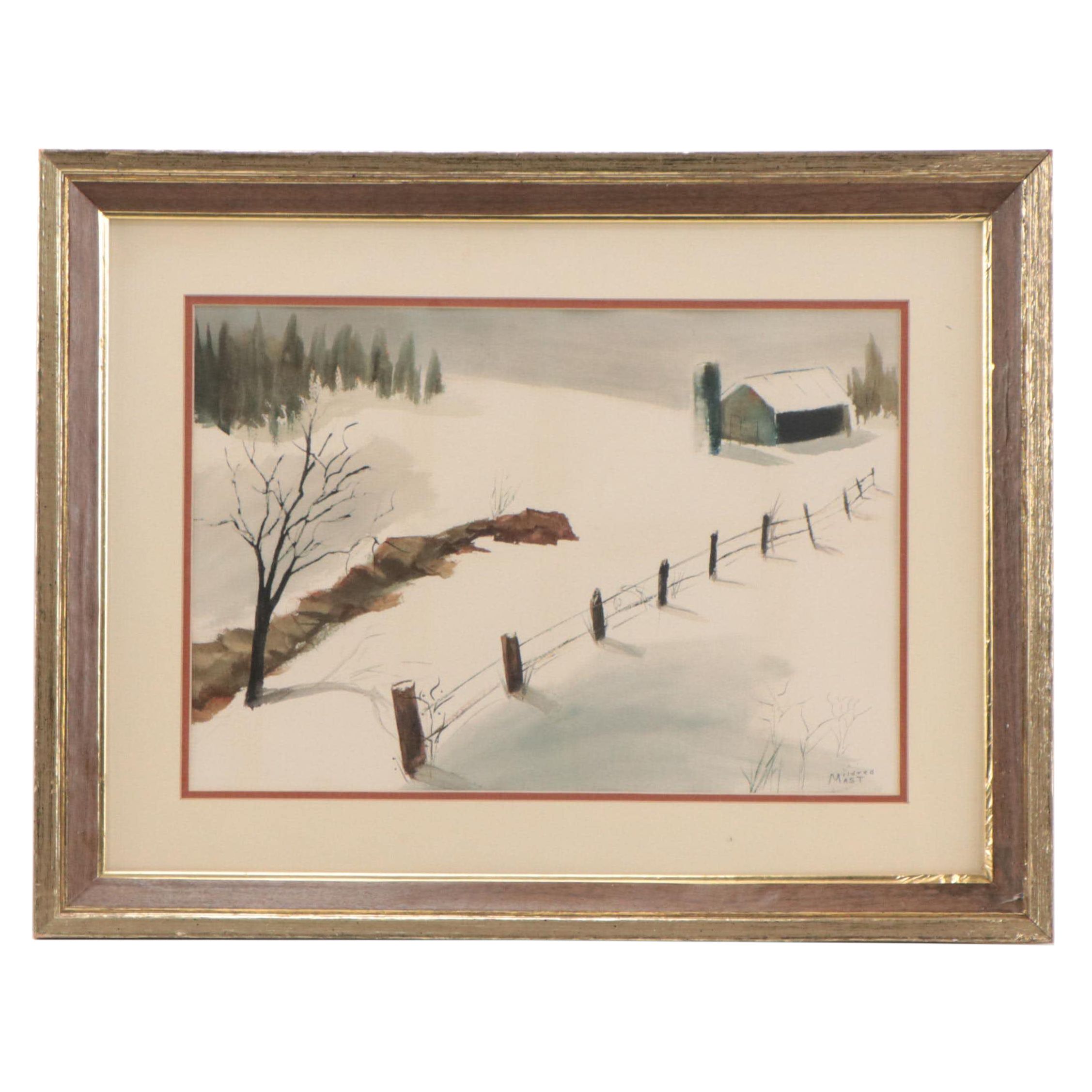 Winter Landscape Watercolor Painting of Barn