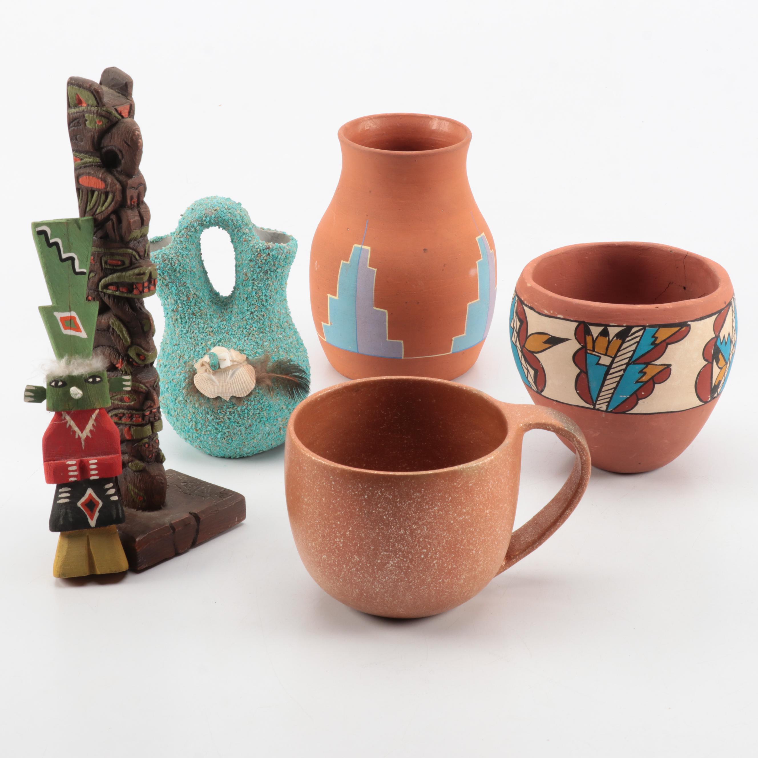 Native American Pottery Collection with Polychrome Kachina and Hawaiian Carving