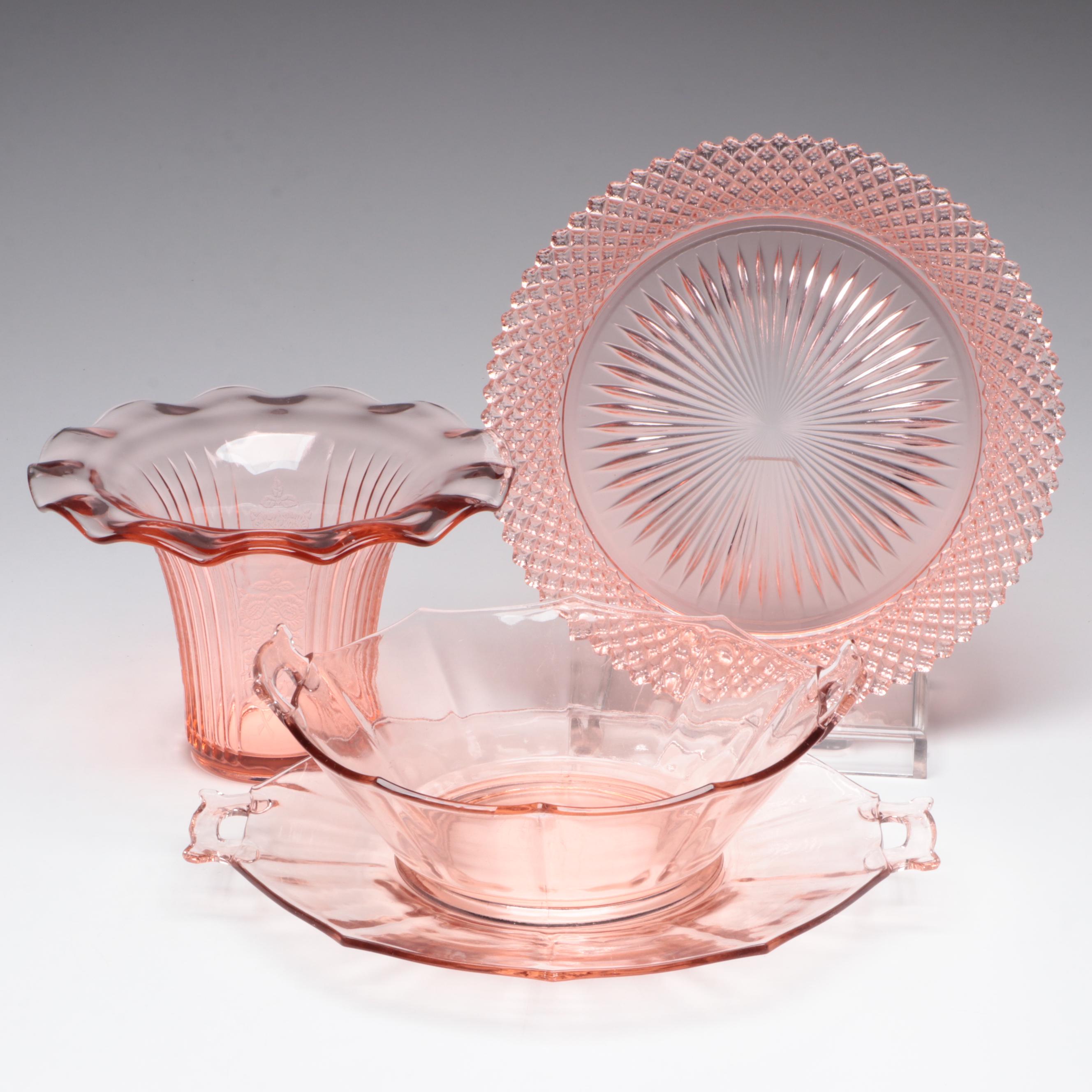 Pink Glass Handled Platter, Floral Patterned Vase, and More