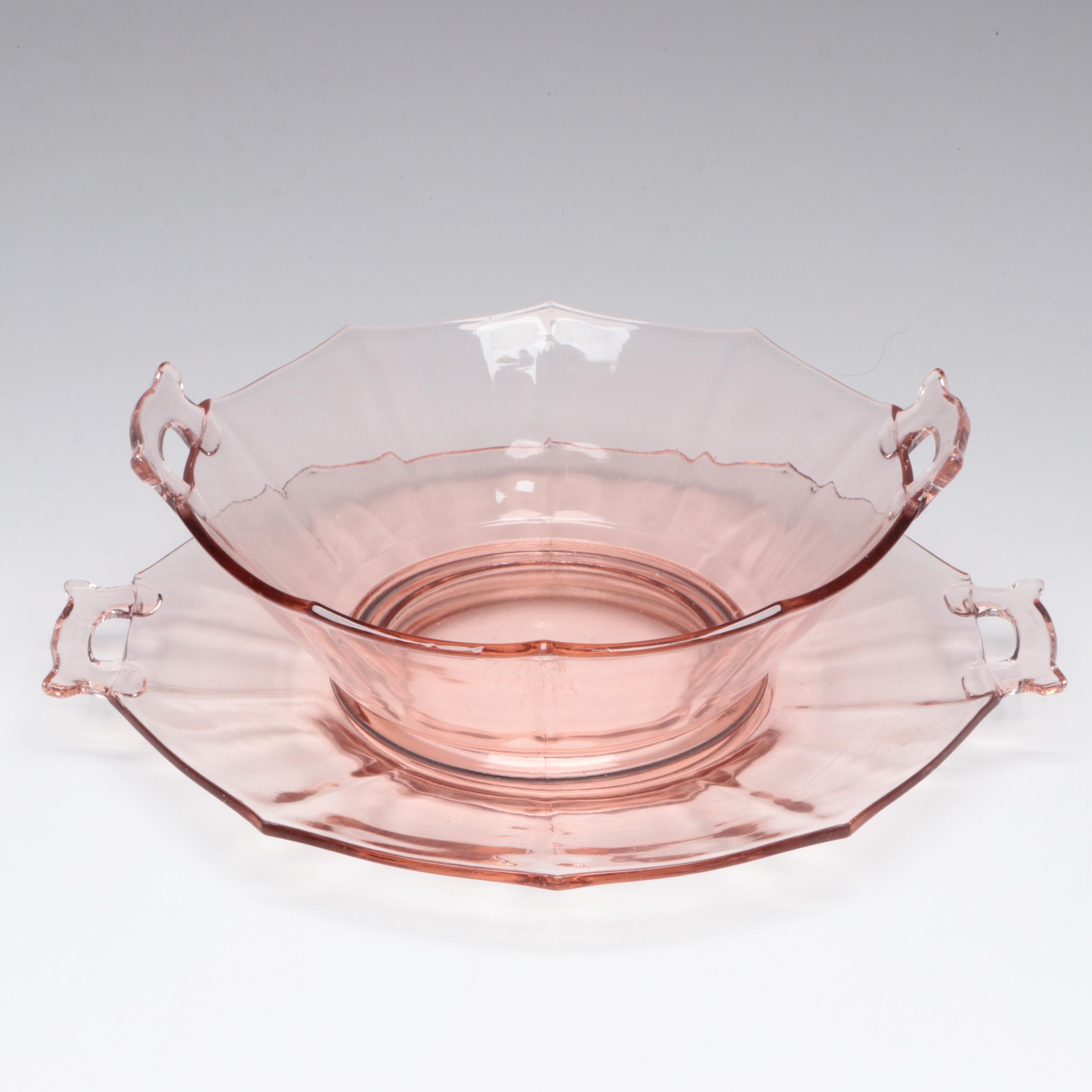 Pink Glass Handled Platter, Floral Patterned Vase, and More
