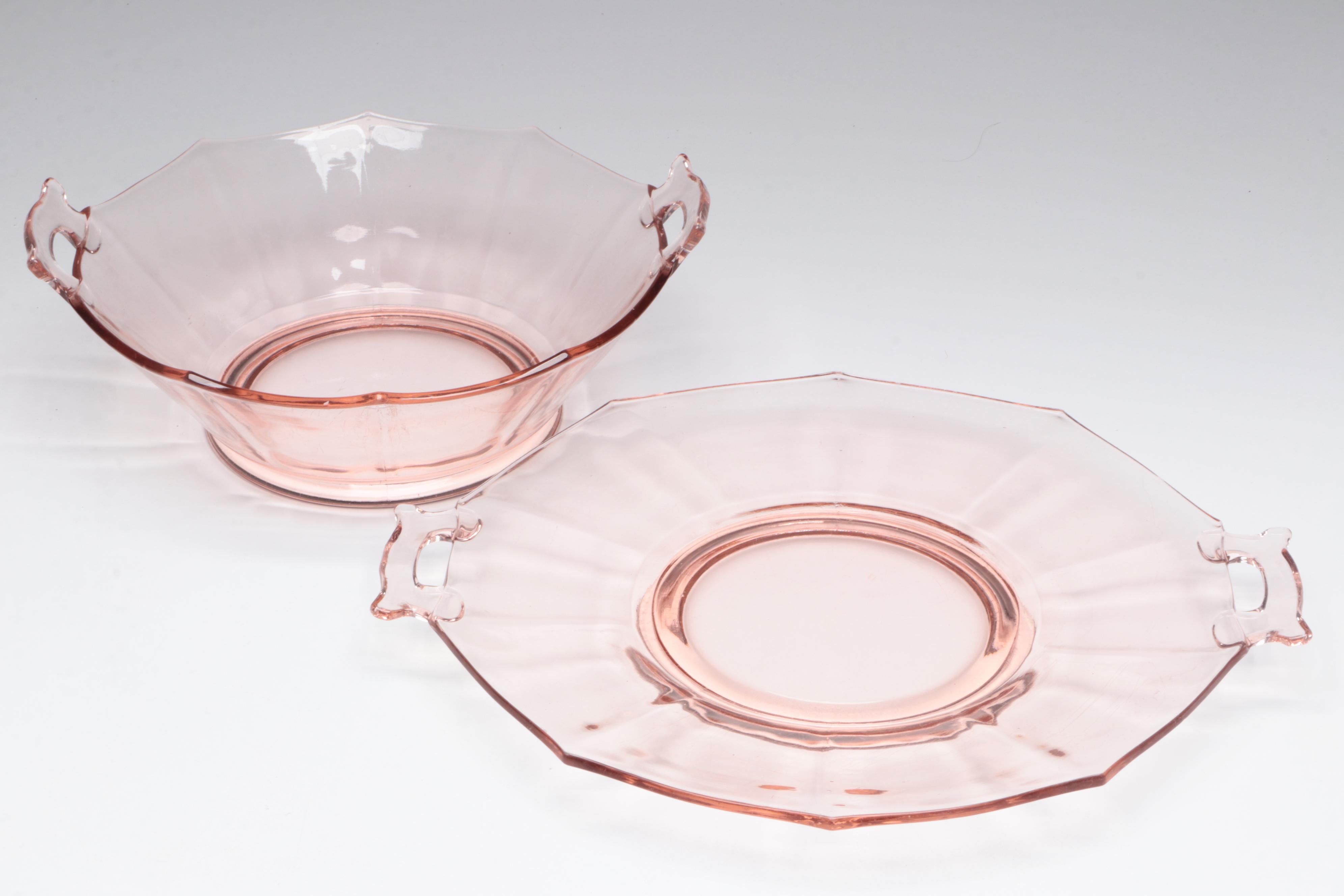 Pink Glass Handled Platter, Floral Patterned Vase, and More