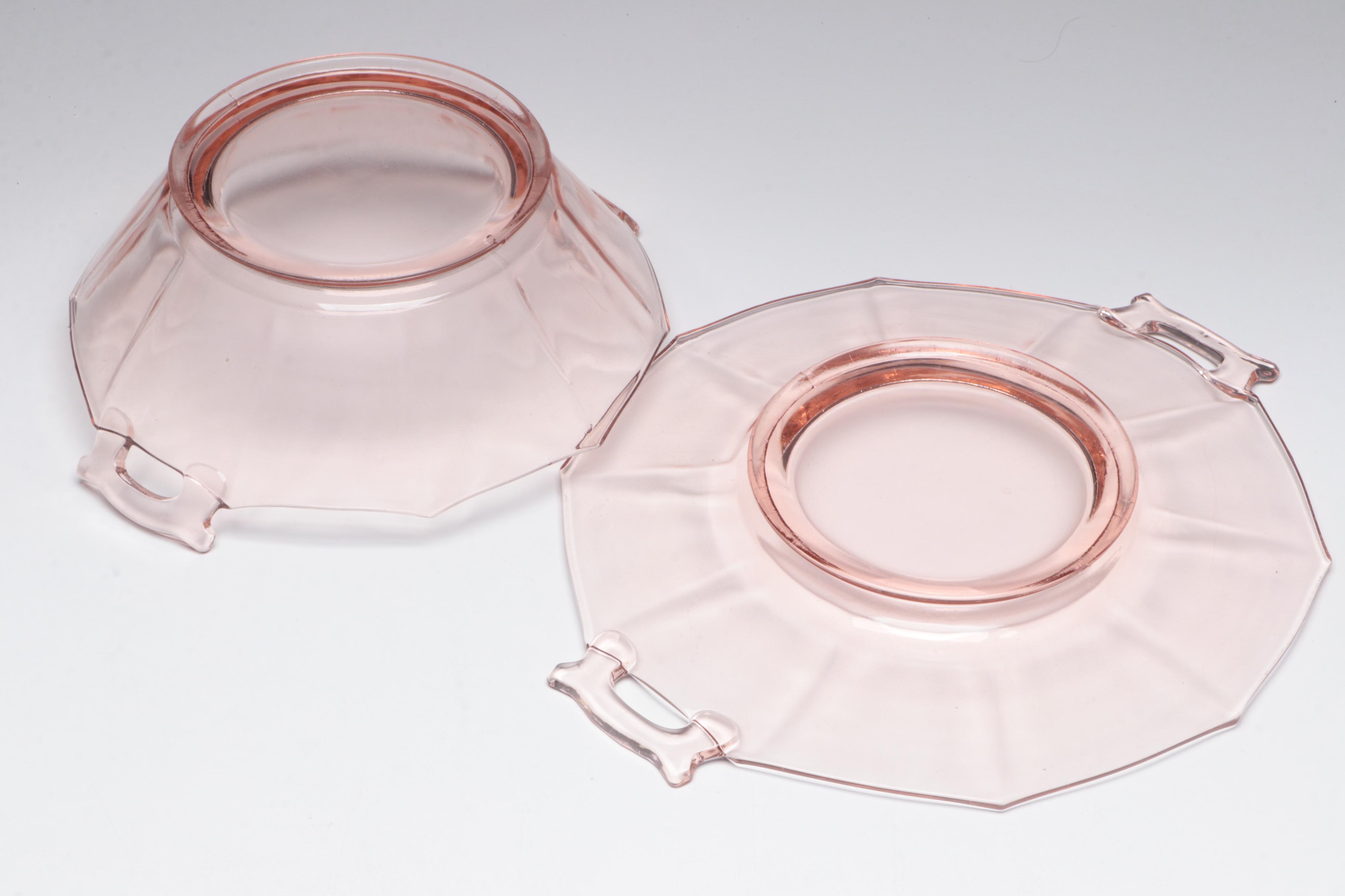 Pink Glass Handled Platter, Floral Patterned Vase, and More