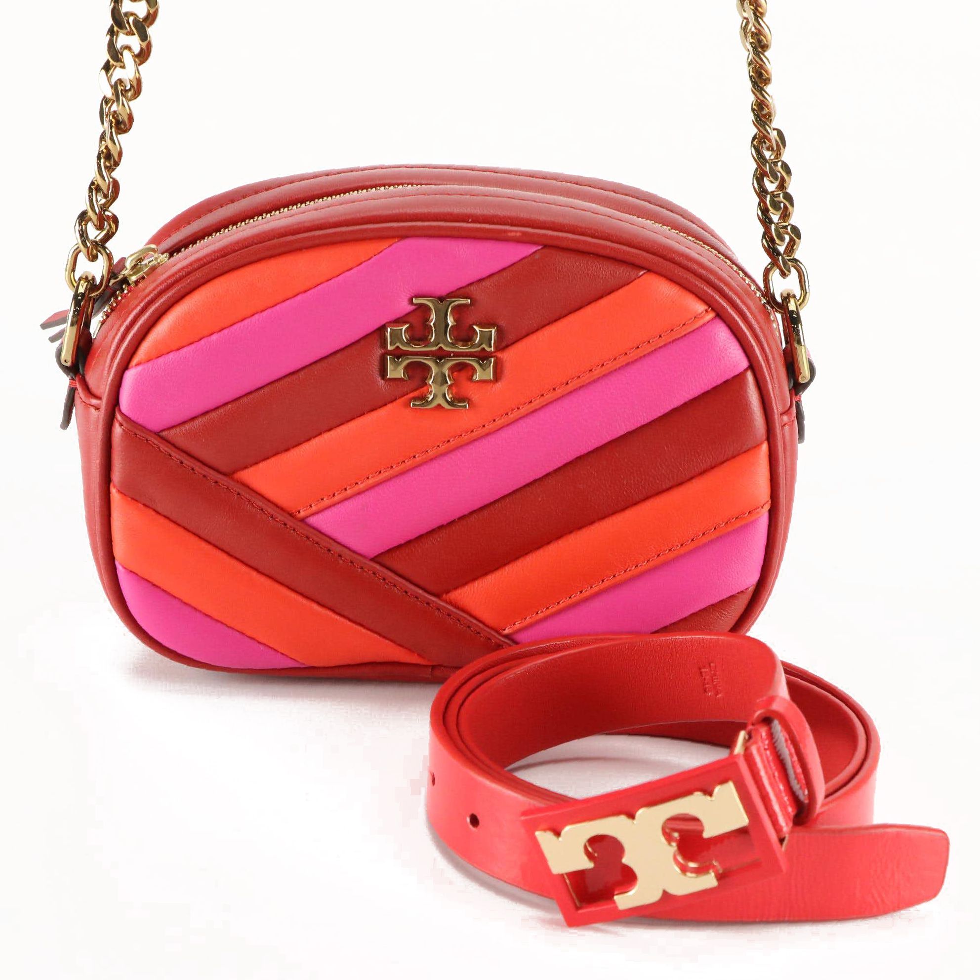 Tory Burch Kira Chevron Crossbody in Leather with Red Patent Leather Belt