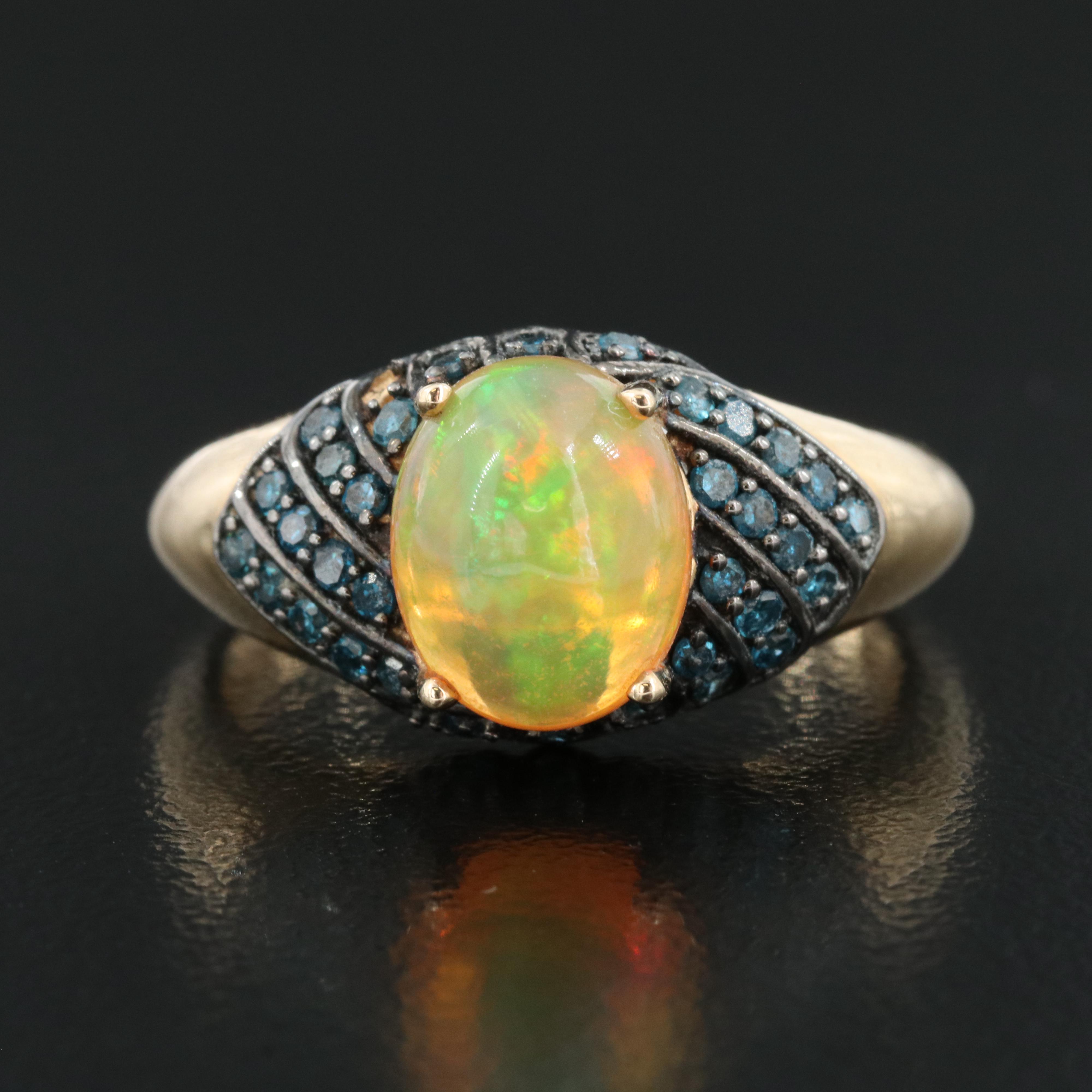 14K Opal and Fancy Dark Blue Diamond Ring