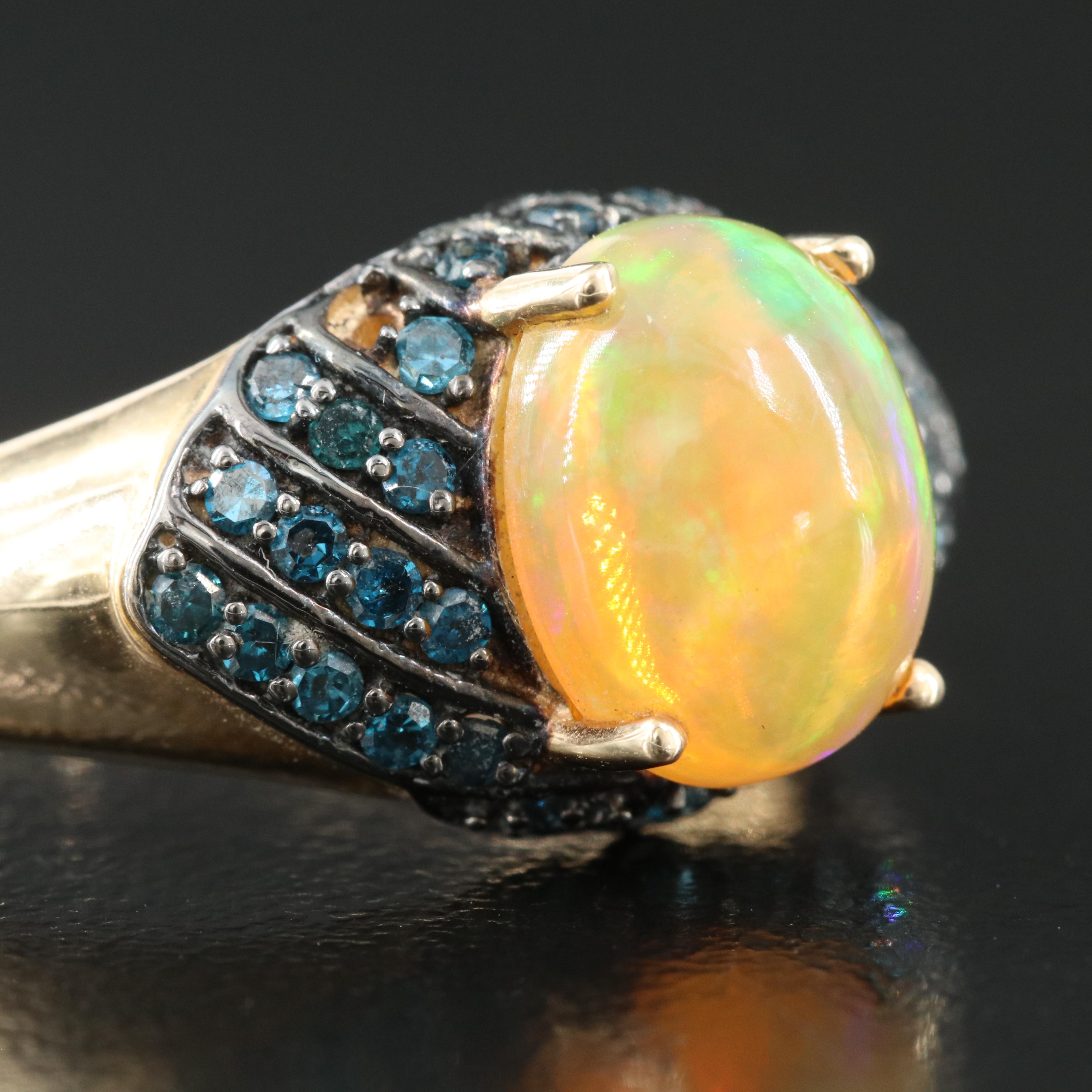 14K Opal and Fancy Dark Blue Diamond Ring