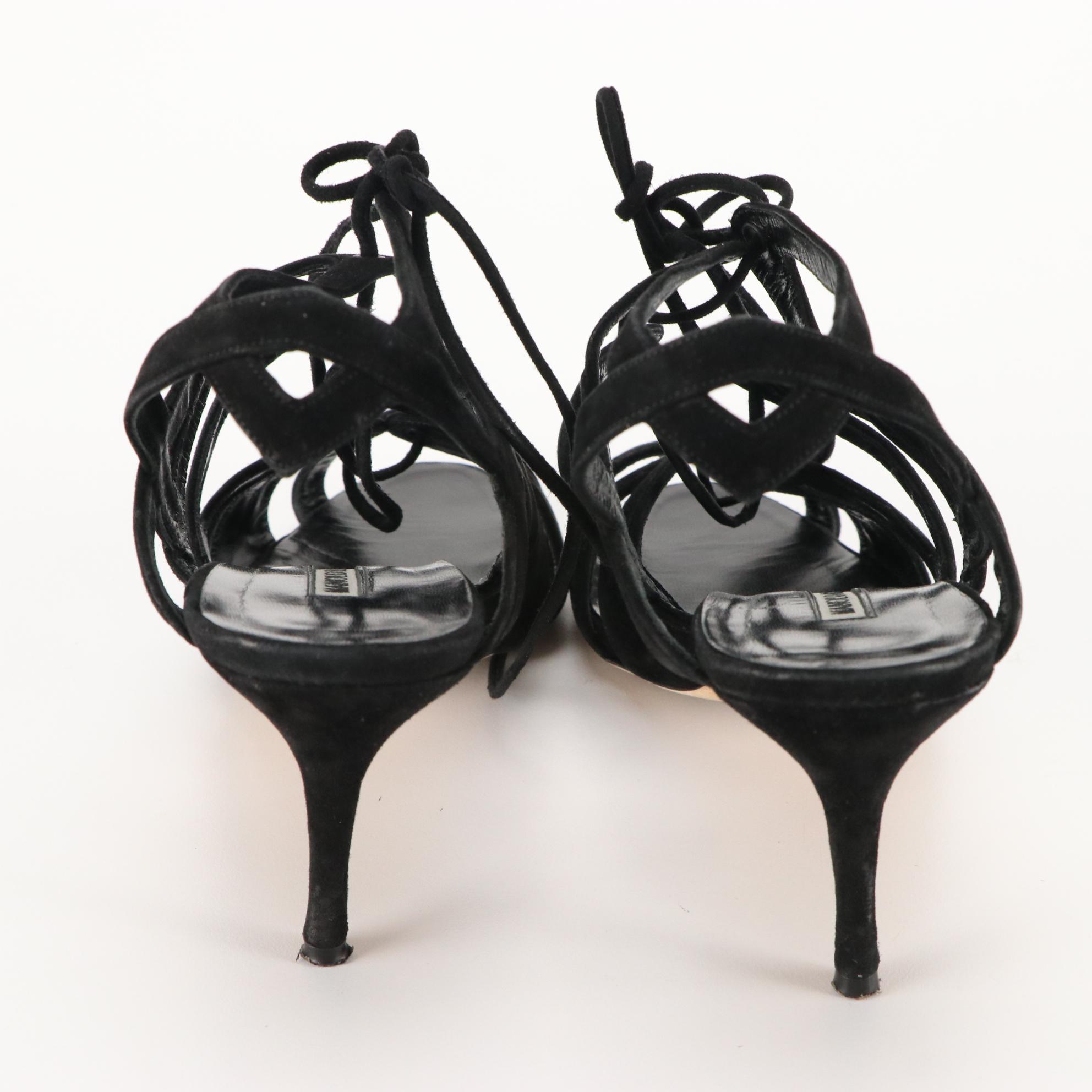Manolo Blahnik Strappy Black Suede Slingback Heels