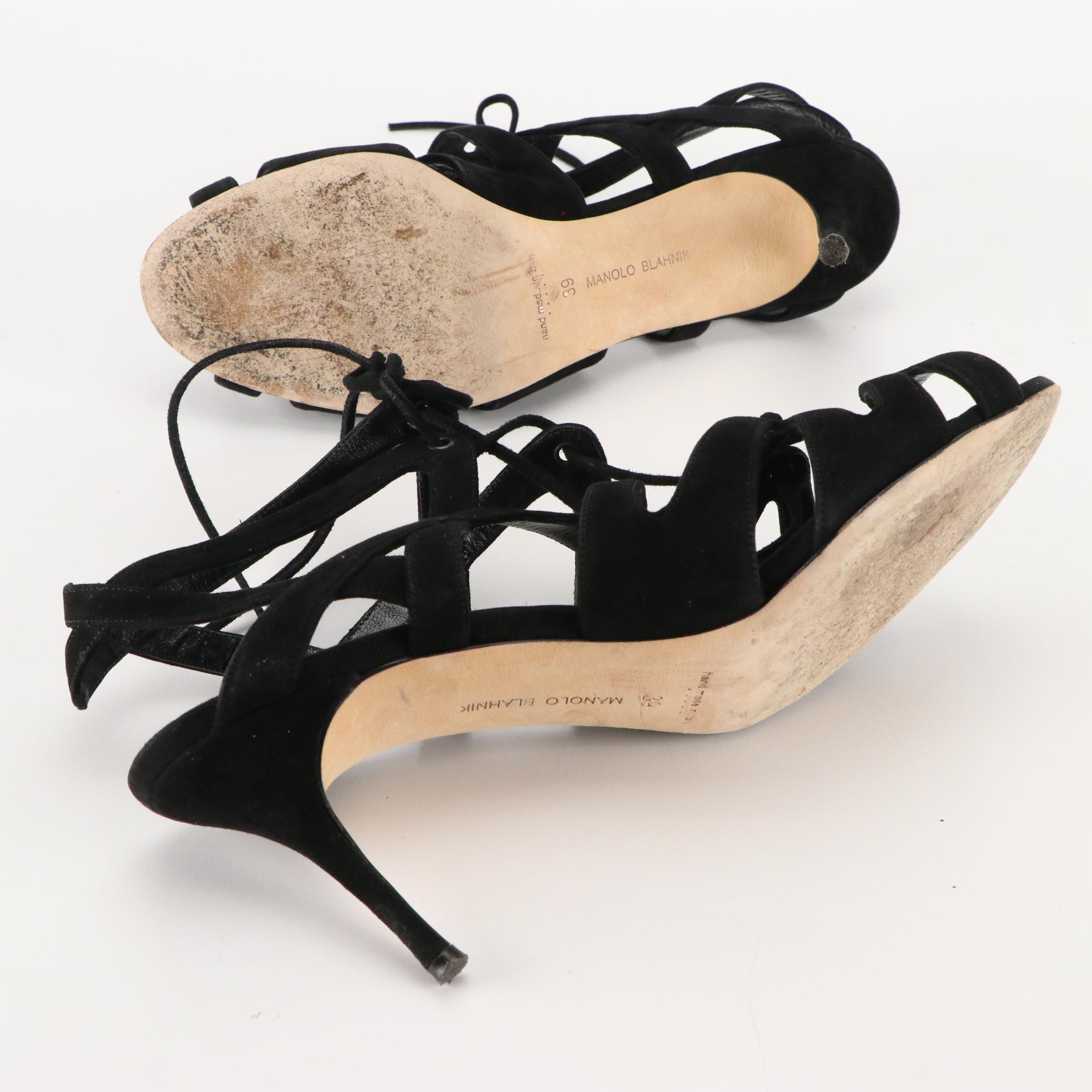 Manolo Blahnik Strappy Black Suede Slingback Heels