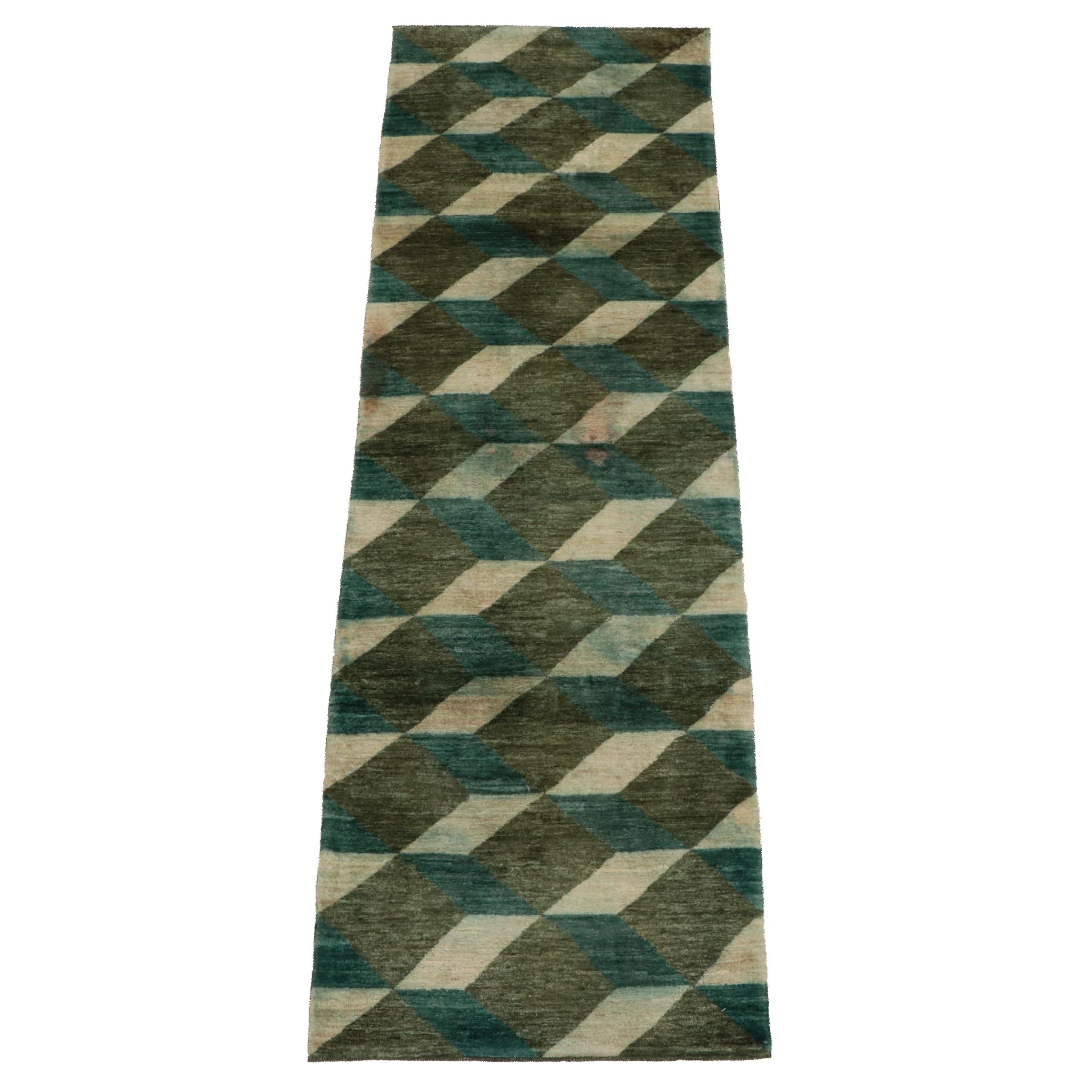 3'2 x 9'11 Hand-Knotted Geometric "Blockheads" Carpet Runner