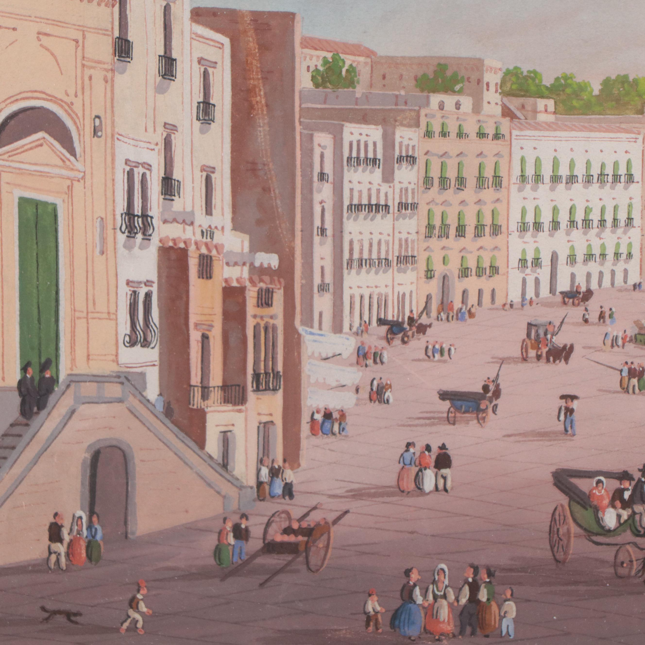 Neapolitan Watercolor Painting of Coastal Landscape, Circa 1900