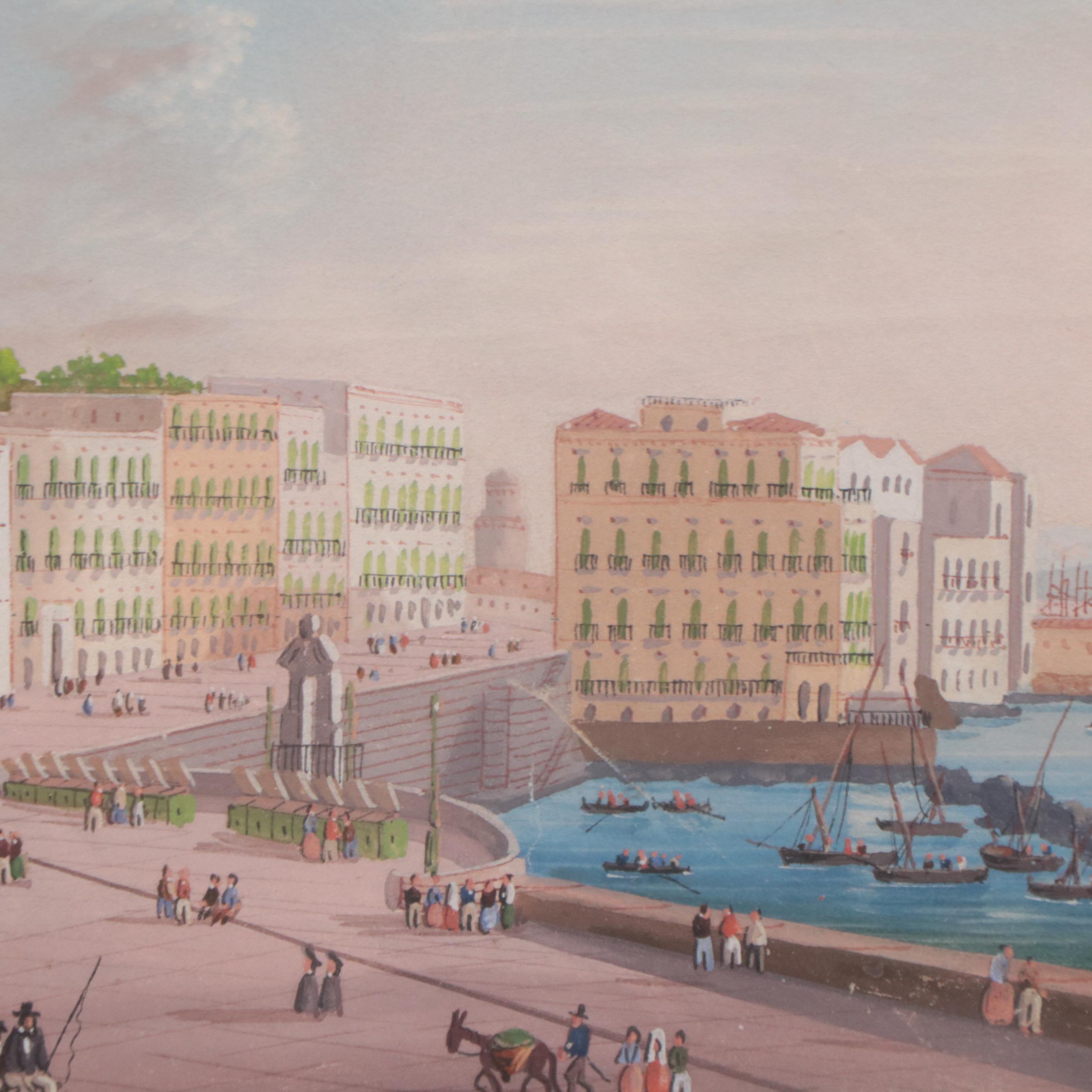 Neapolitan Watercolor Painting of Coastal Landscape, Circa 1900