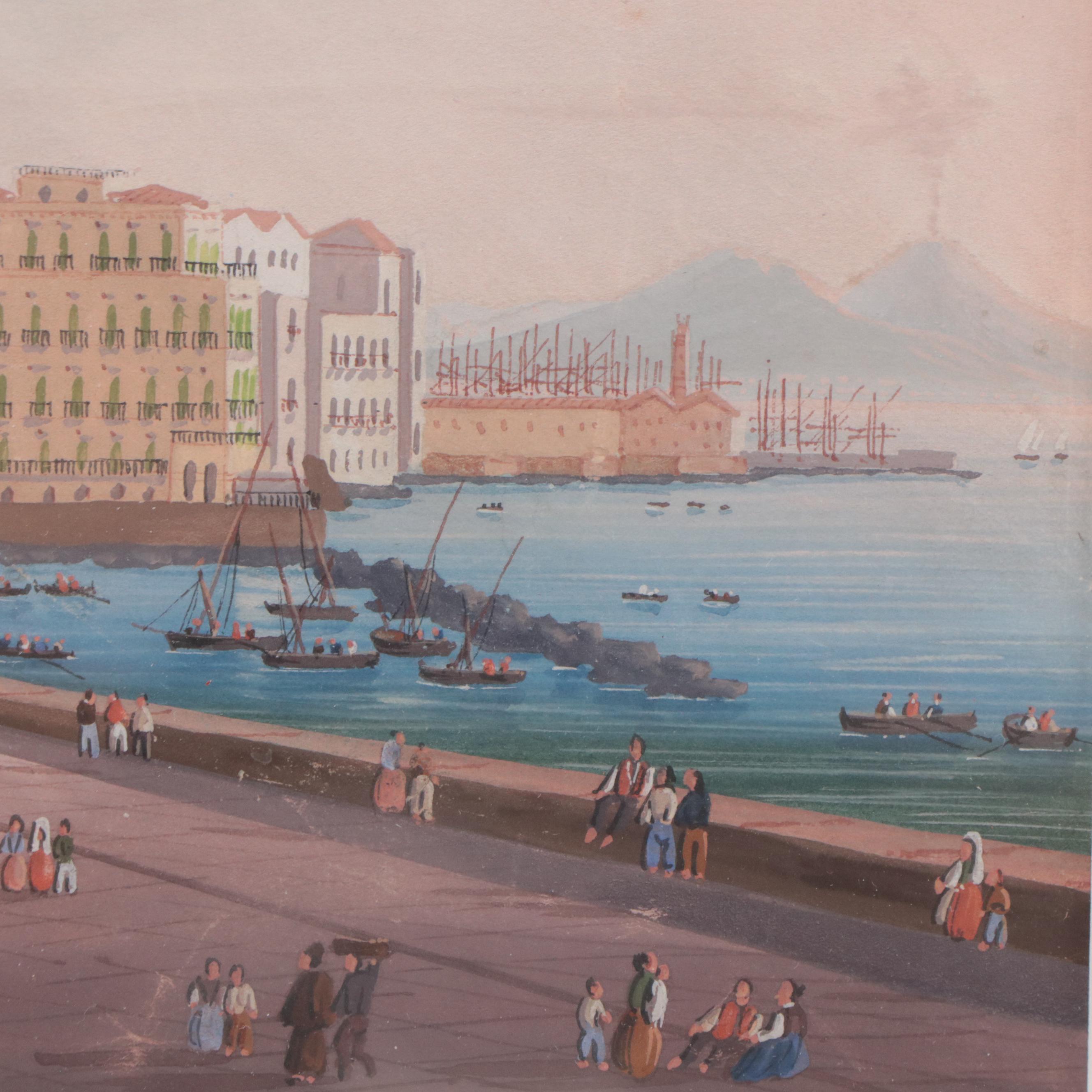 Neapolitan Watercolor Painting of Coastal Landscape, Circa 1900