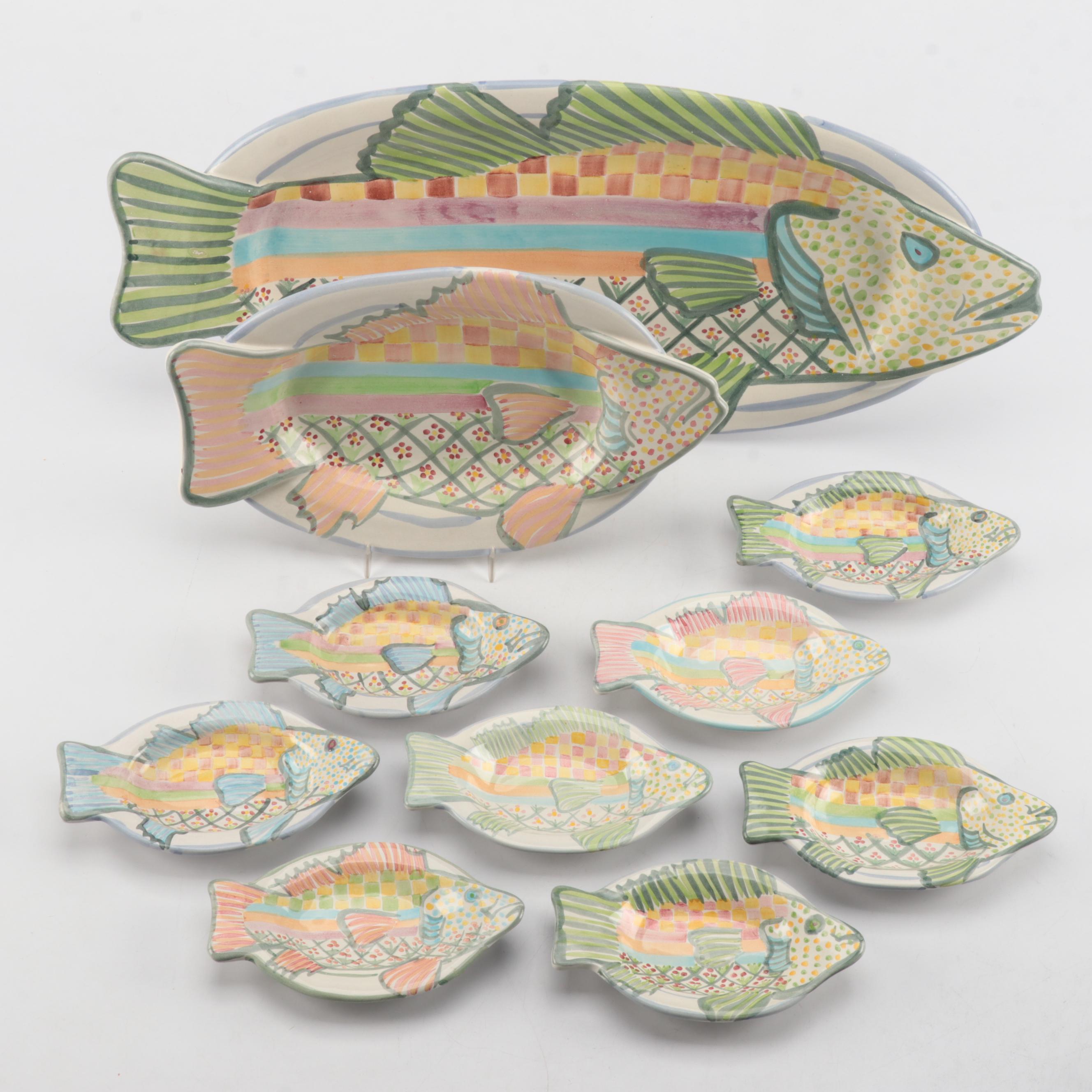 MacKenzie-Childs Hand-Painted Terracotta "Fish Story" Platters and Dishes