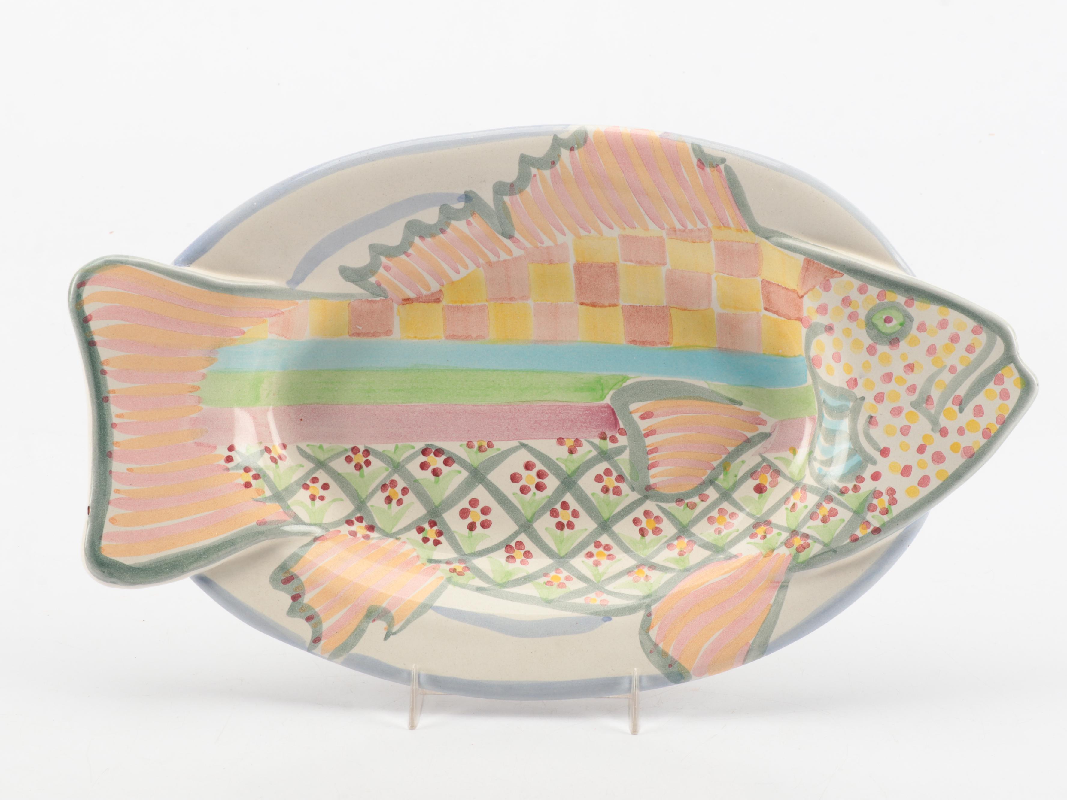 MacKenzie-Childs Hand-Painted Terracotta "Fish Story" Platters and Dishes