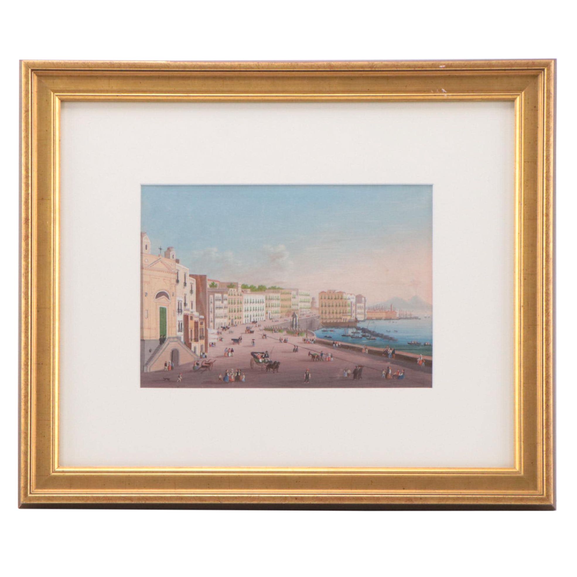 Neapolitan Watercolor Painting of Coastal Landscape, Circa 1900