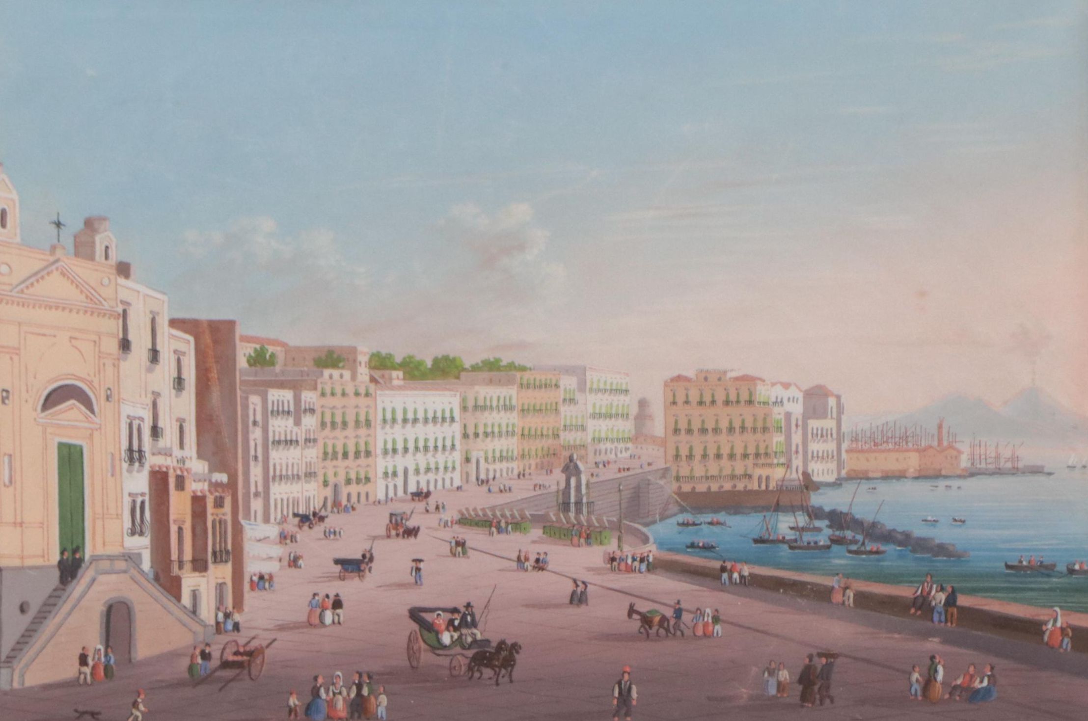 Neapolitan Watercolor Painting of Coastal Landscape, Circa 1900