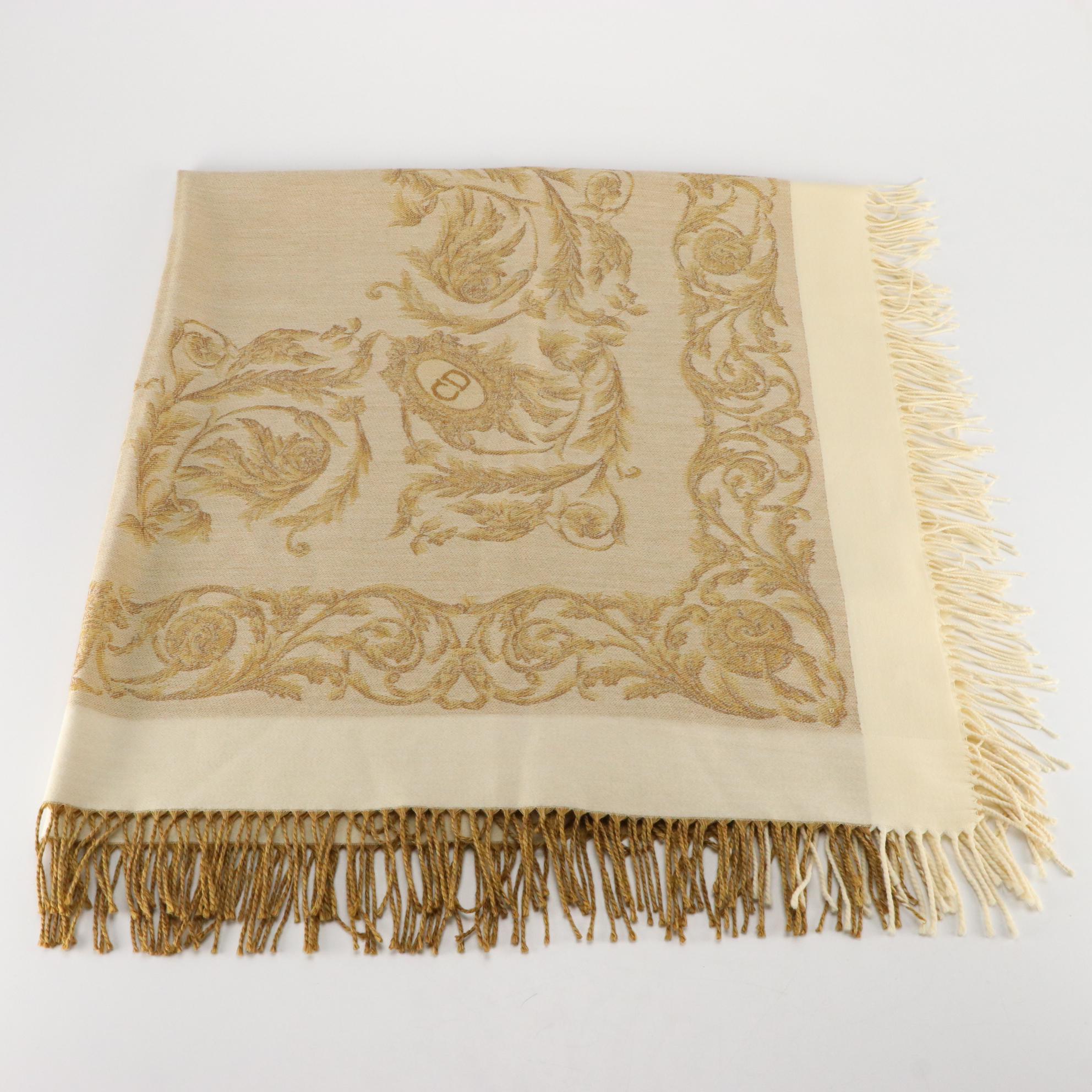 Christian Dior Fringe Wrap Scarf in Foliate Wool Jacquard