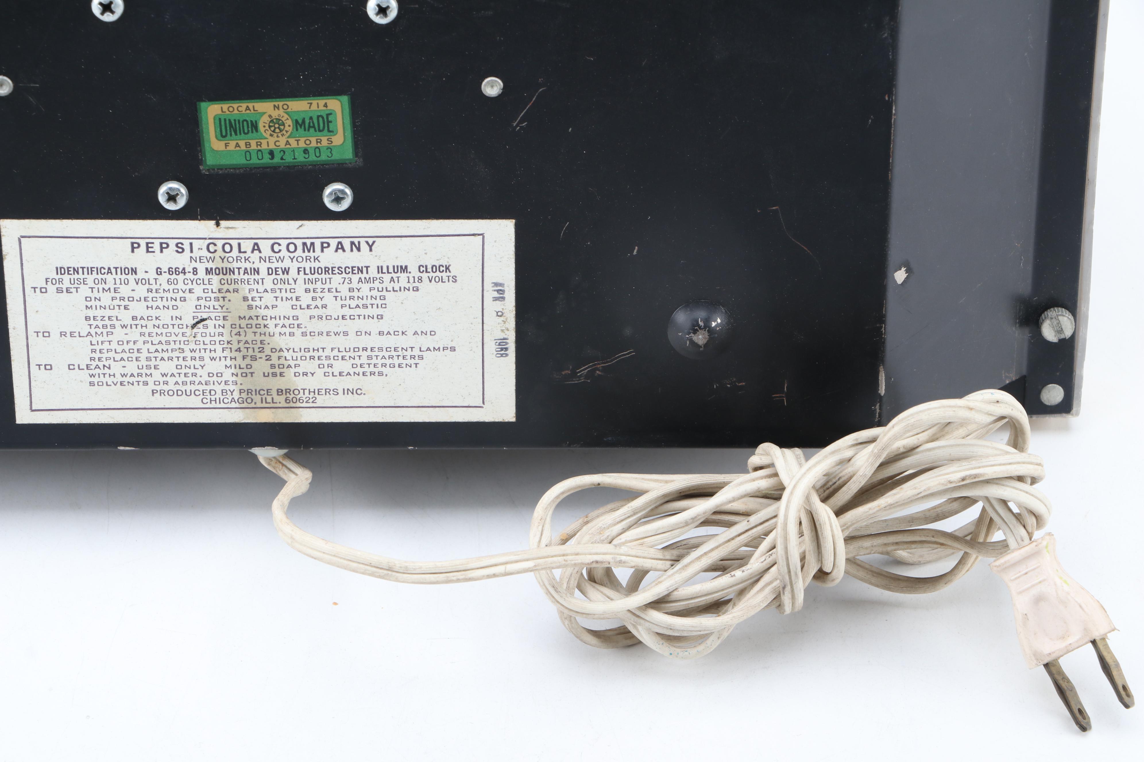 Mountain Dew Illuminated Advertising Wall Clock, Mid-20th Century