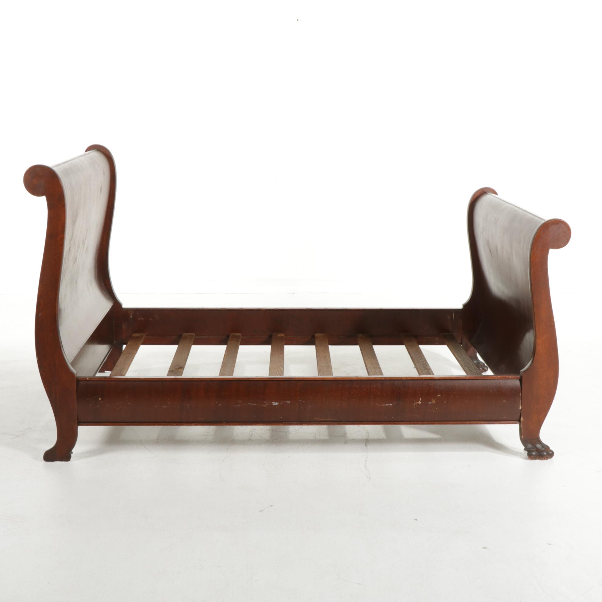 American Empire Style Full Size Mahogany Sleigh Bed, Early 20th Century