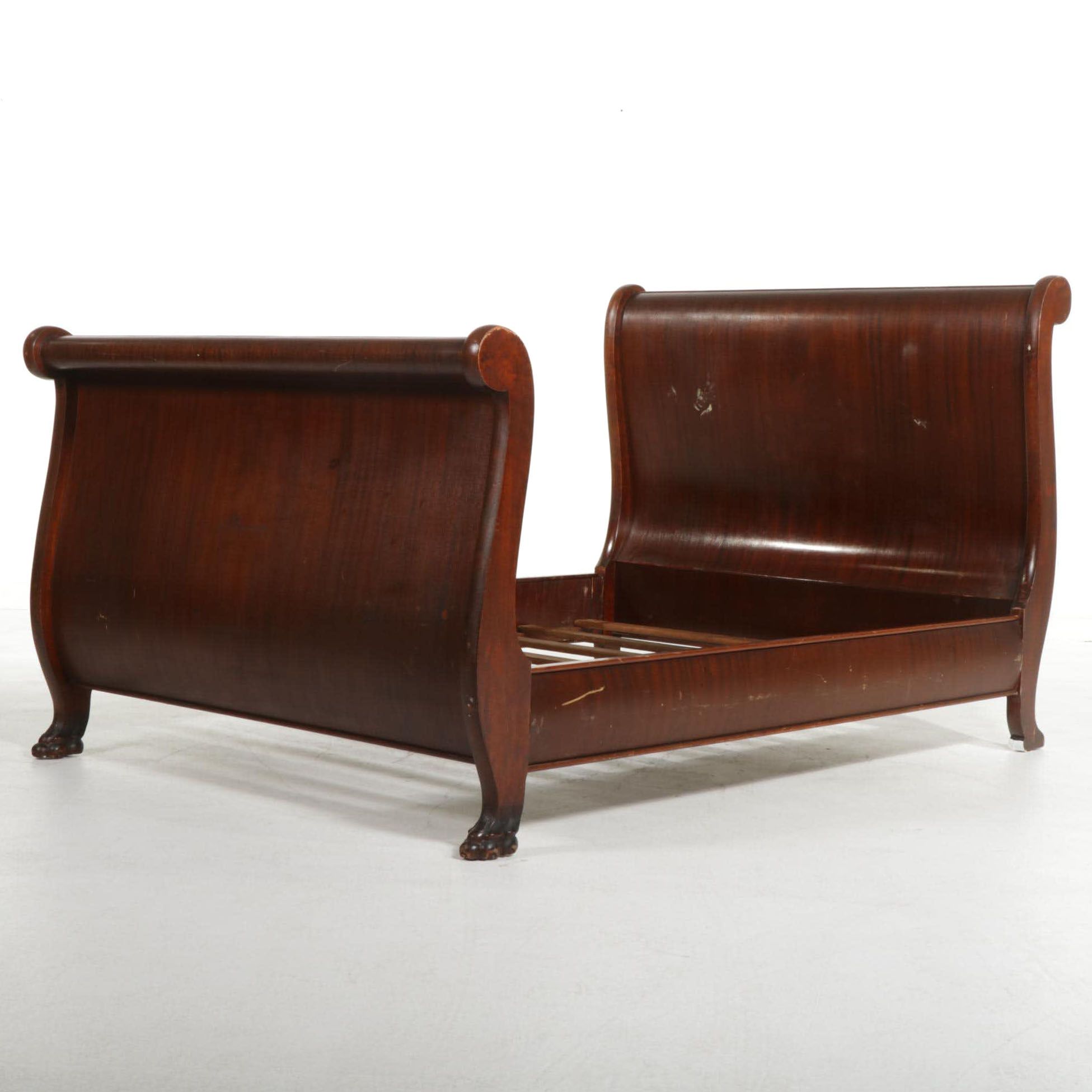 American Empire Style Full Size Mahogany Sleigh Bed, Early 20th Century