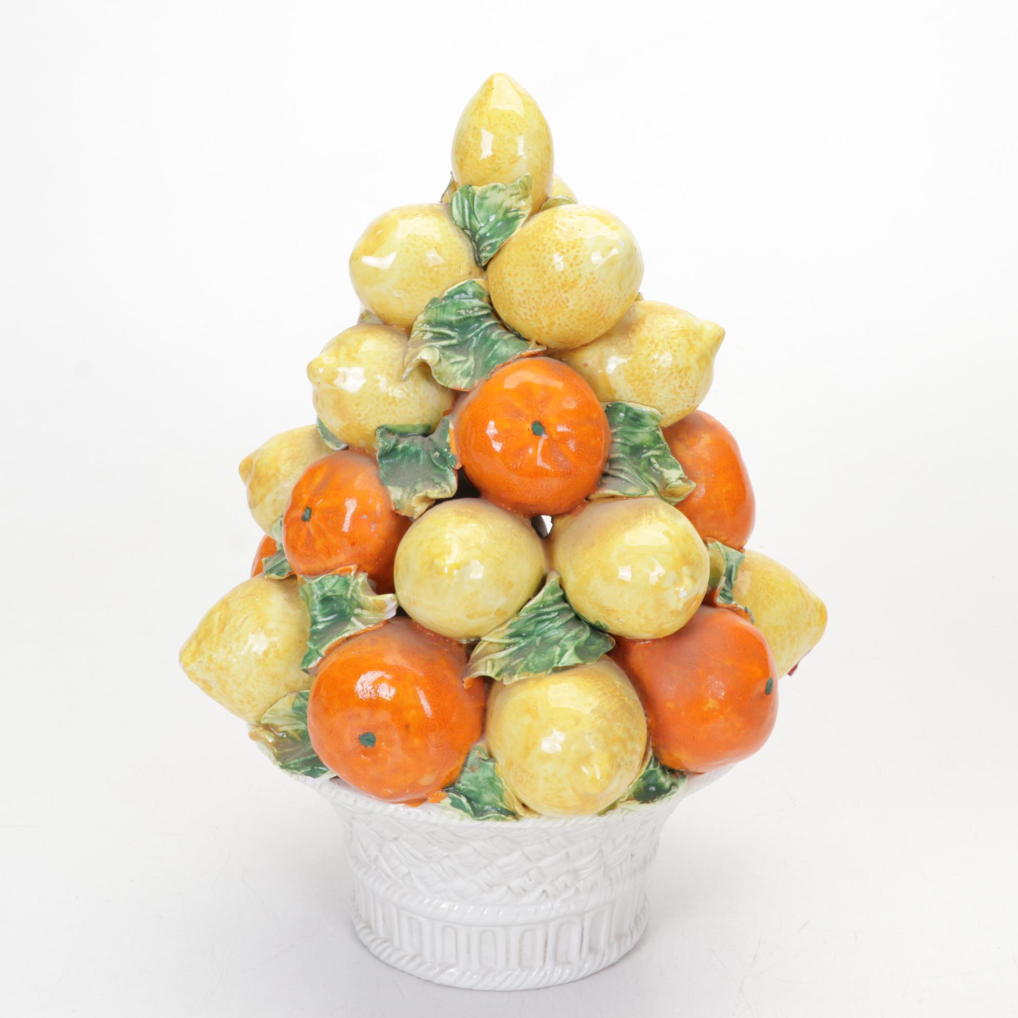 Pair of Italian Majolica Lemon and Orange Tabletop Topiaries