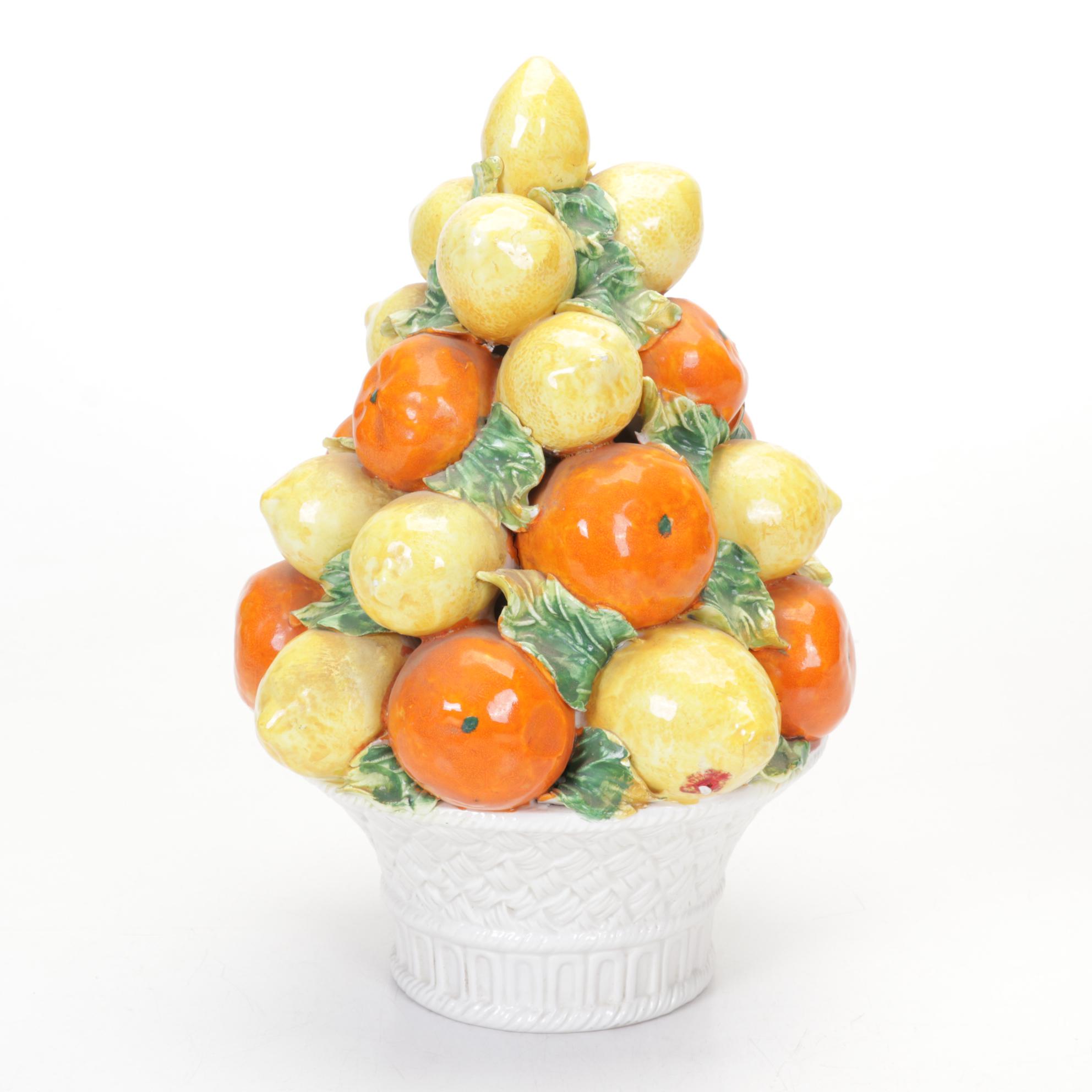 Pair of Italian Majolica Lemon and Orange Tabletop Topiaries