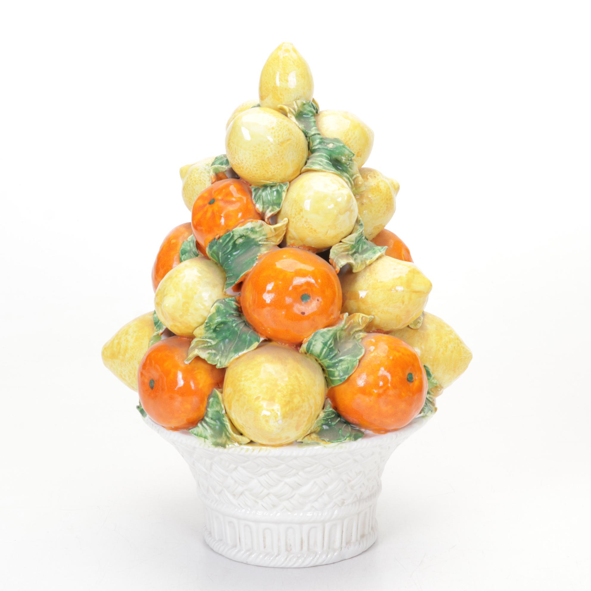 Pair of Italian Majolica Lemon and Orange Tabletop Topiaries