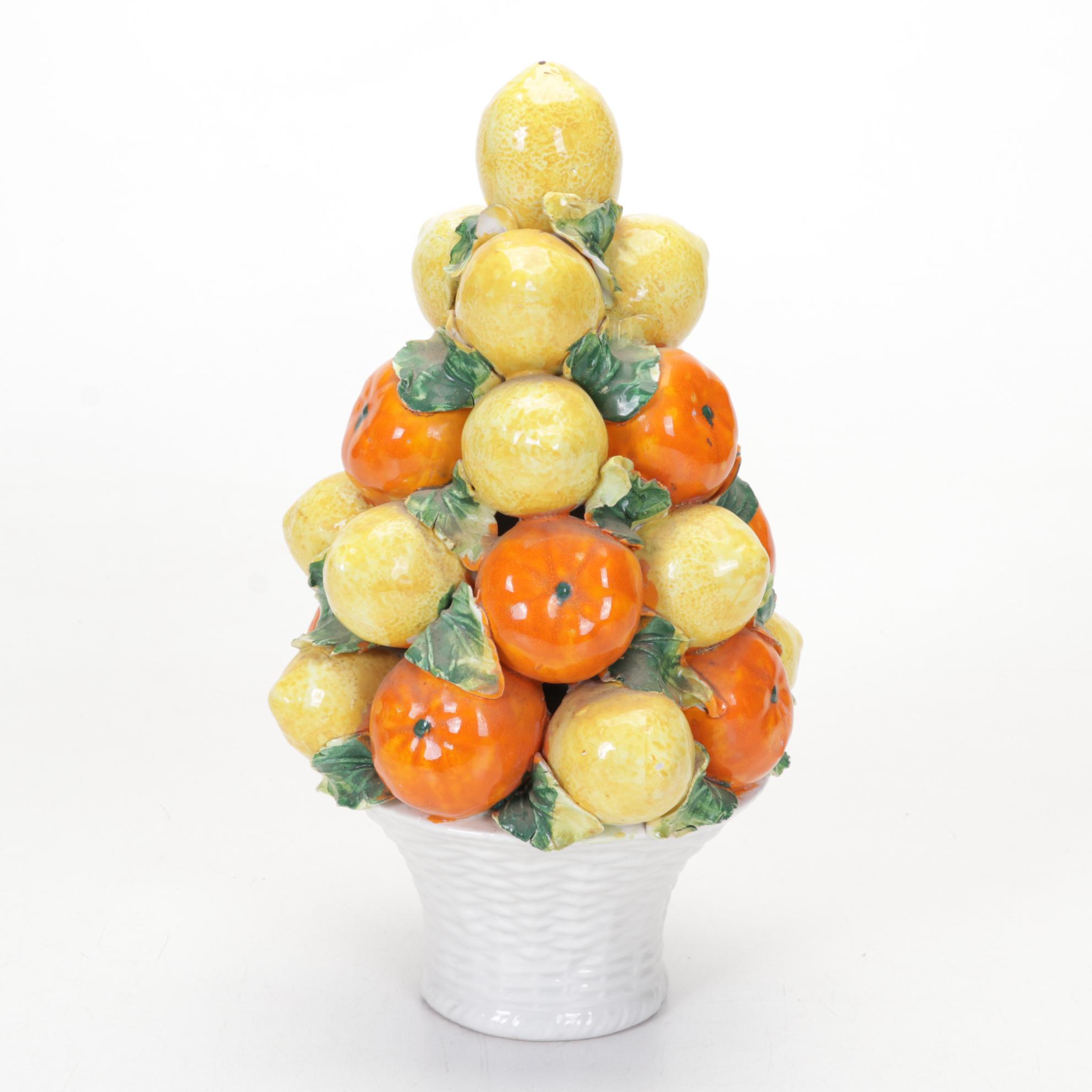 Pair of Italian Majolica Lemon and Orange Tabletop Topiaries