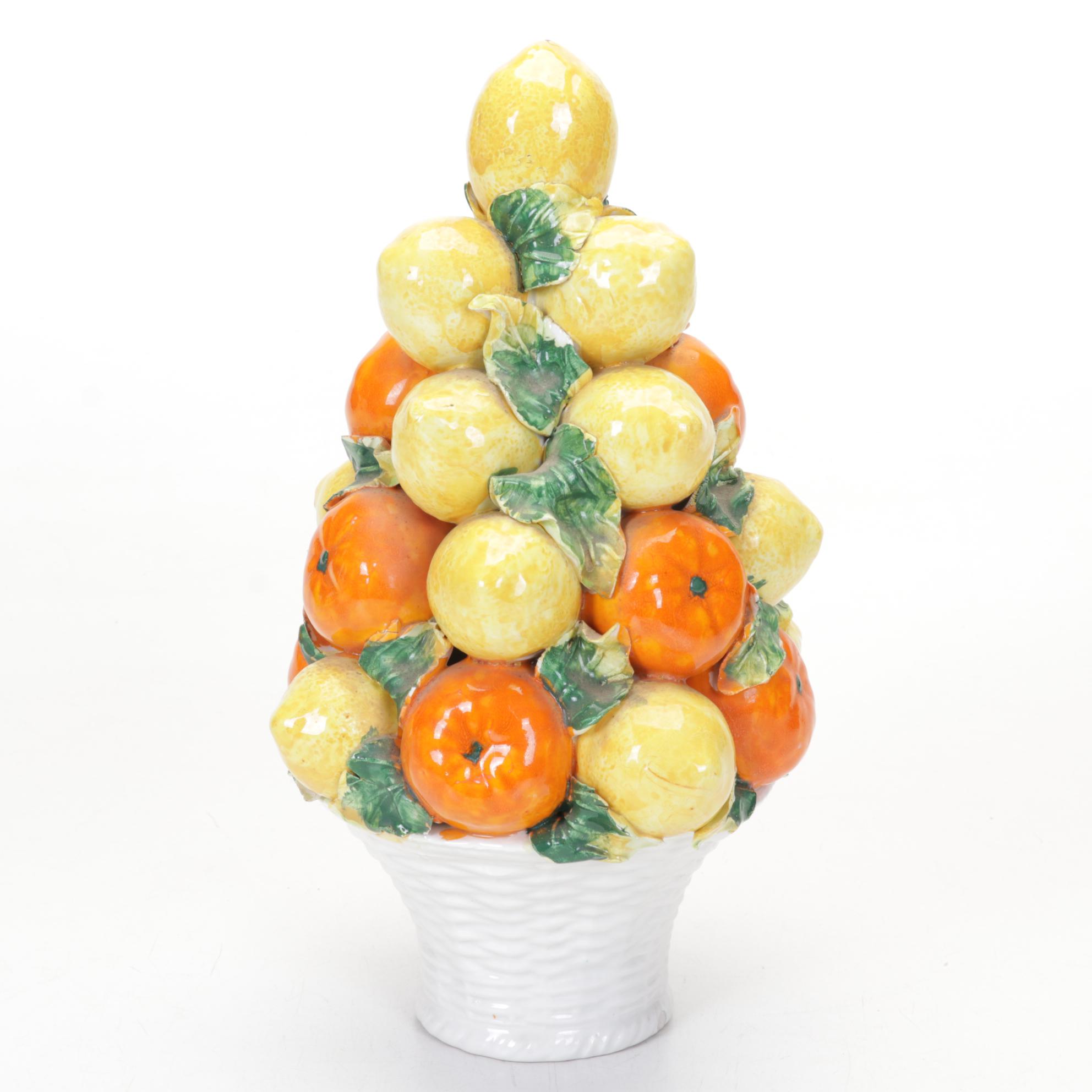 Pair of Italian Majolica Lemon and Orange Tabletop Topiaries
