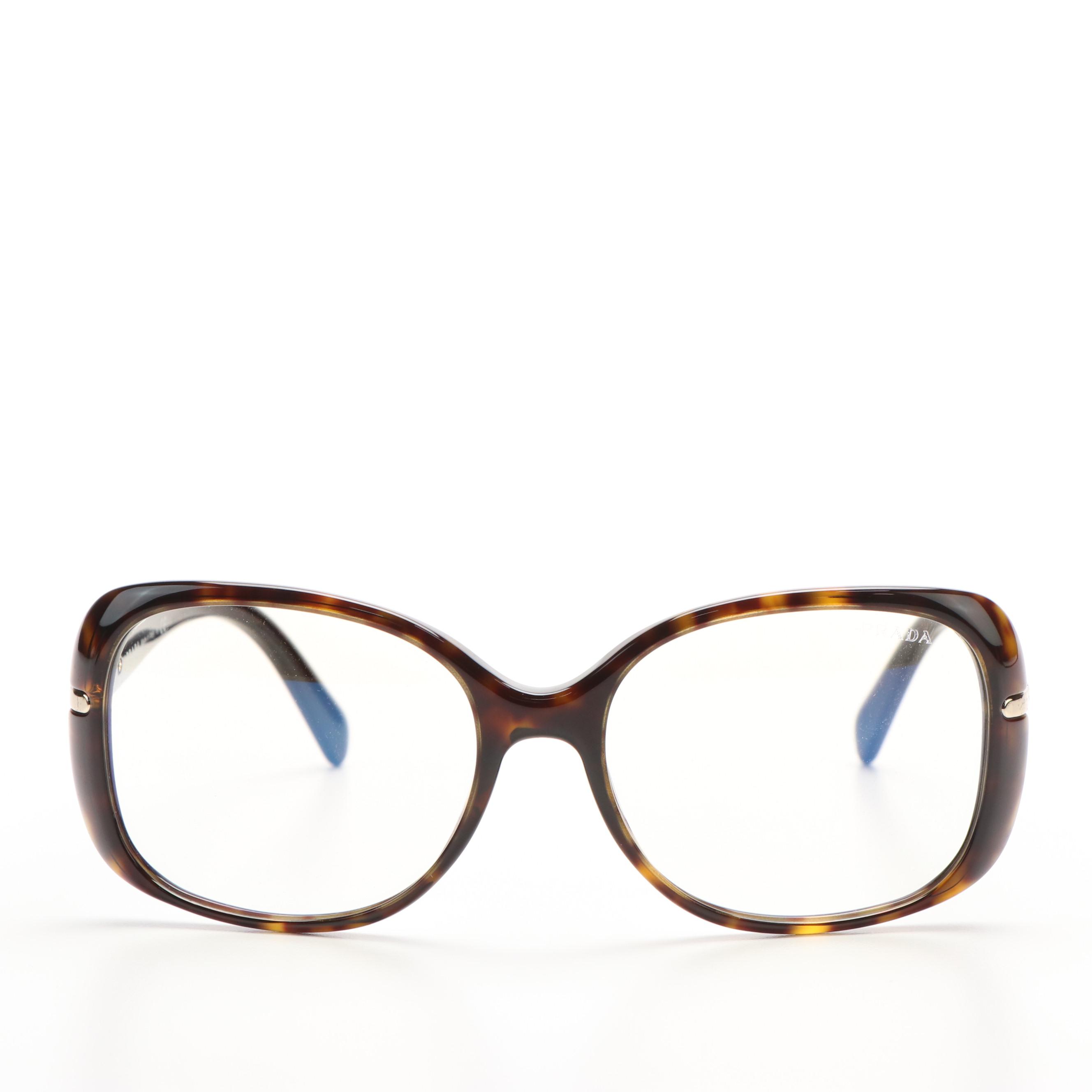 Prada PR08OS Rectangular Dark Havana and Light Blue Filter Sunglasses With Case