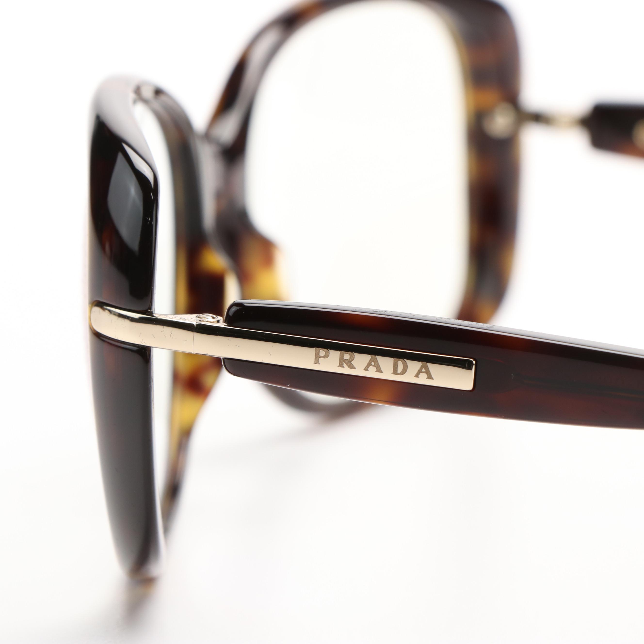 Prada PR08OS Rectangular Dark Havana and Light Blue Filter Sunglasses With Case