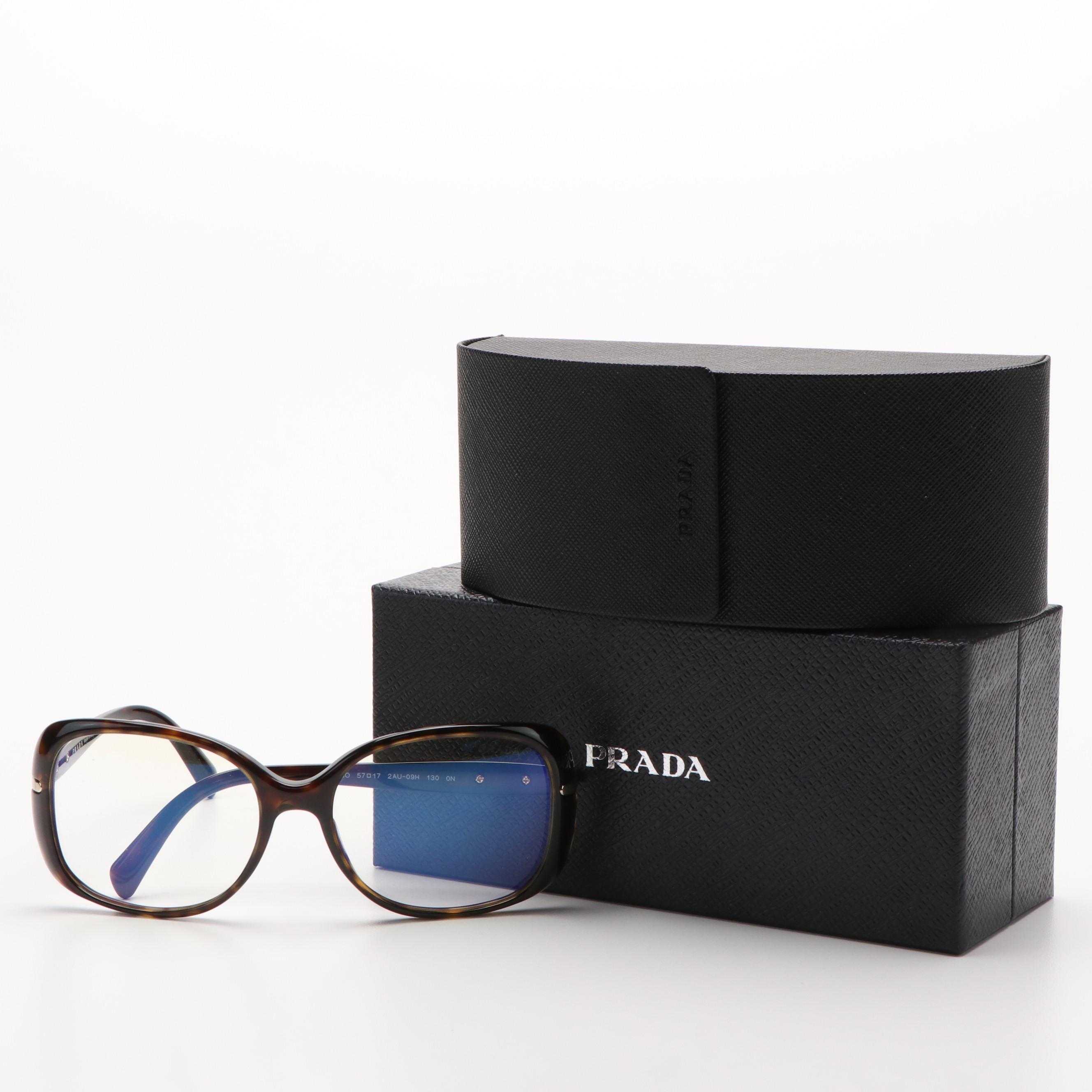 Prada PR08OS Rectangular Dark Havana and Light Blue Filter Sunglasses With Case