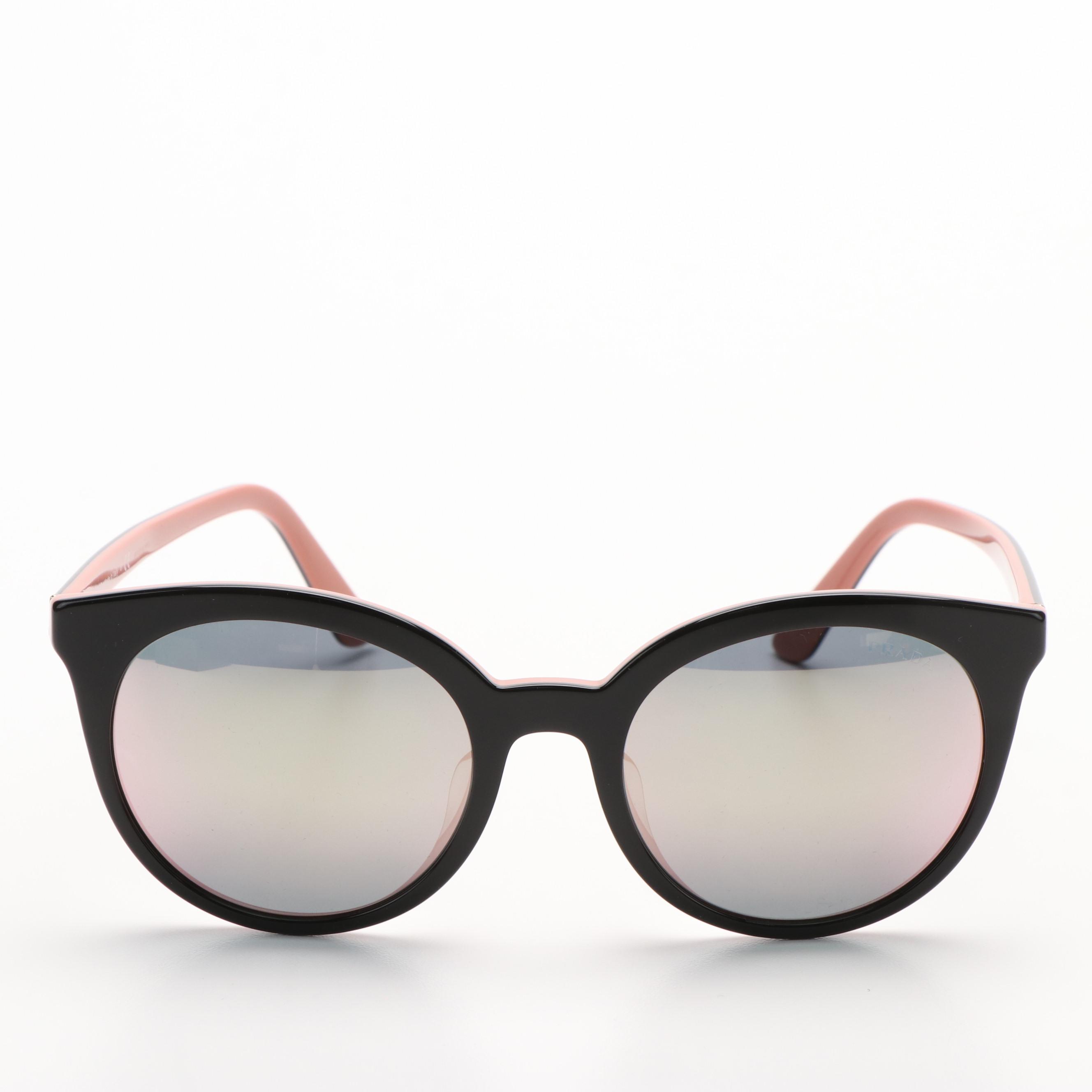 Prada PR02XSF Round Full Rim Black and Pink Sunglasses With Case