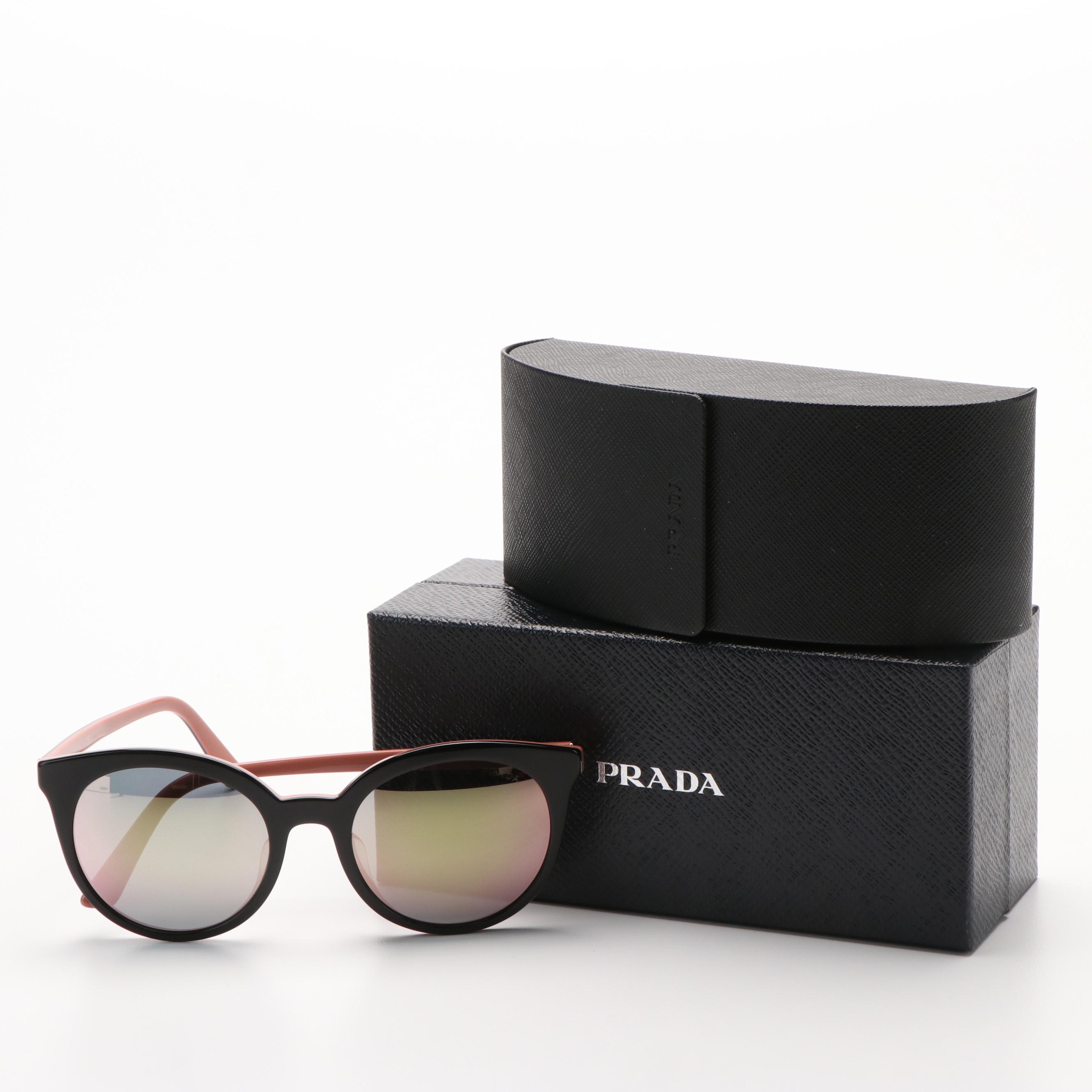 Prada PR02XSF Round Full Rim Black and Pink Sunglasses With Case