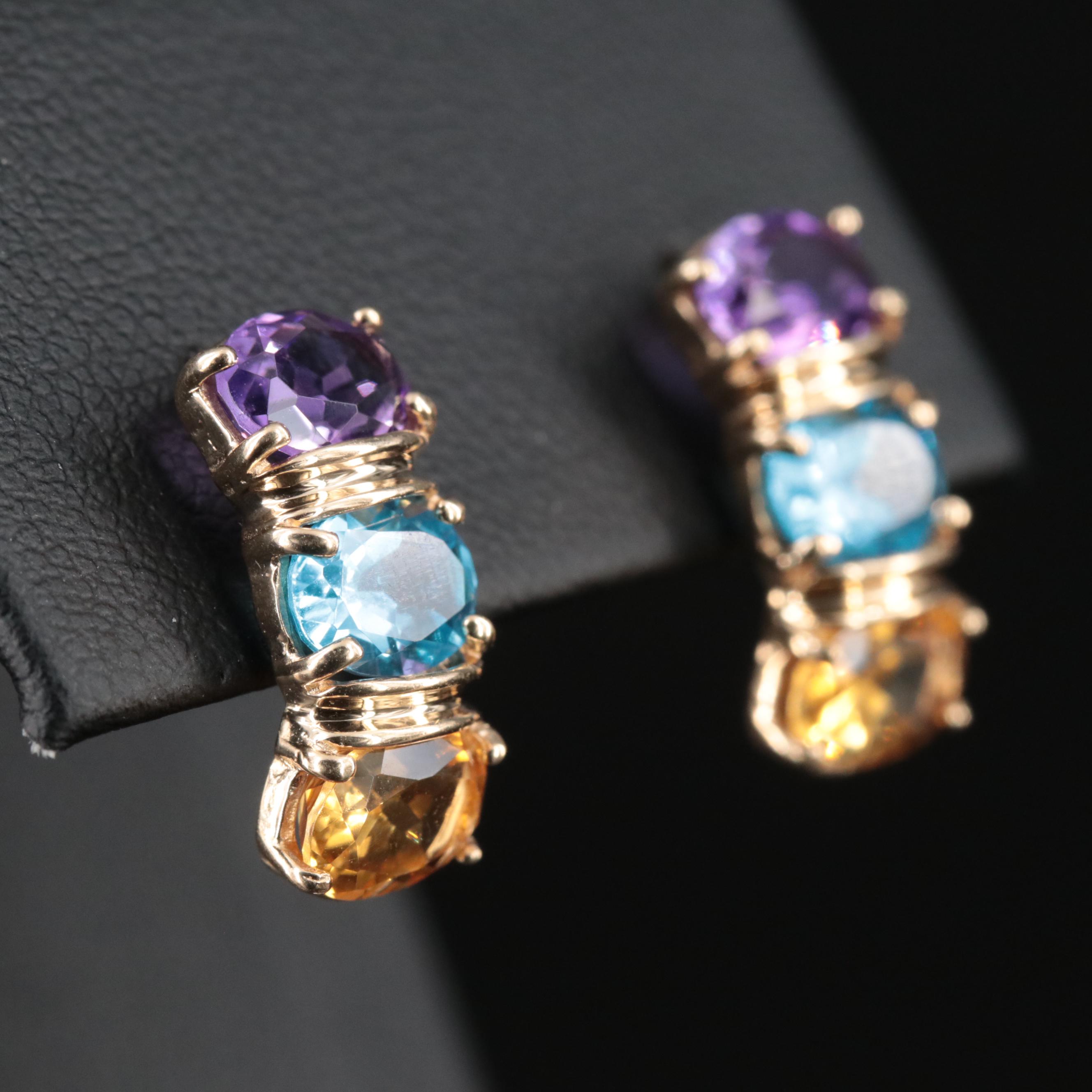 14K Citrine, Amethyst and Topaz Earrings