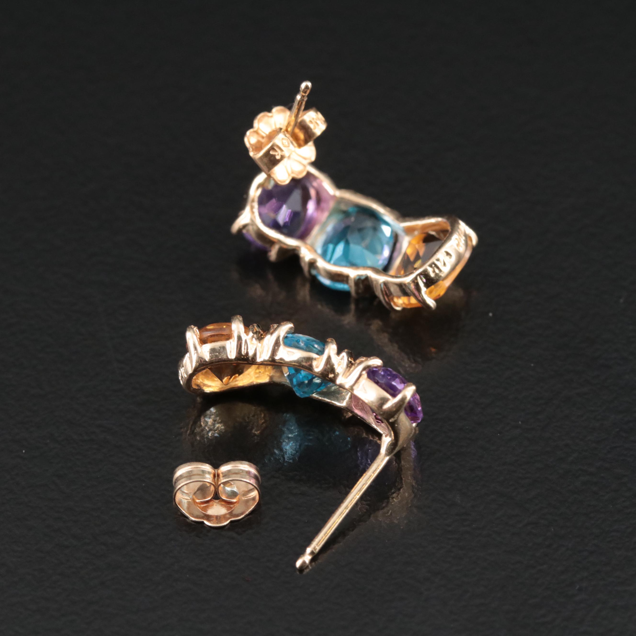 14K Citrine, Amethyst and Topaz Earrings