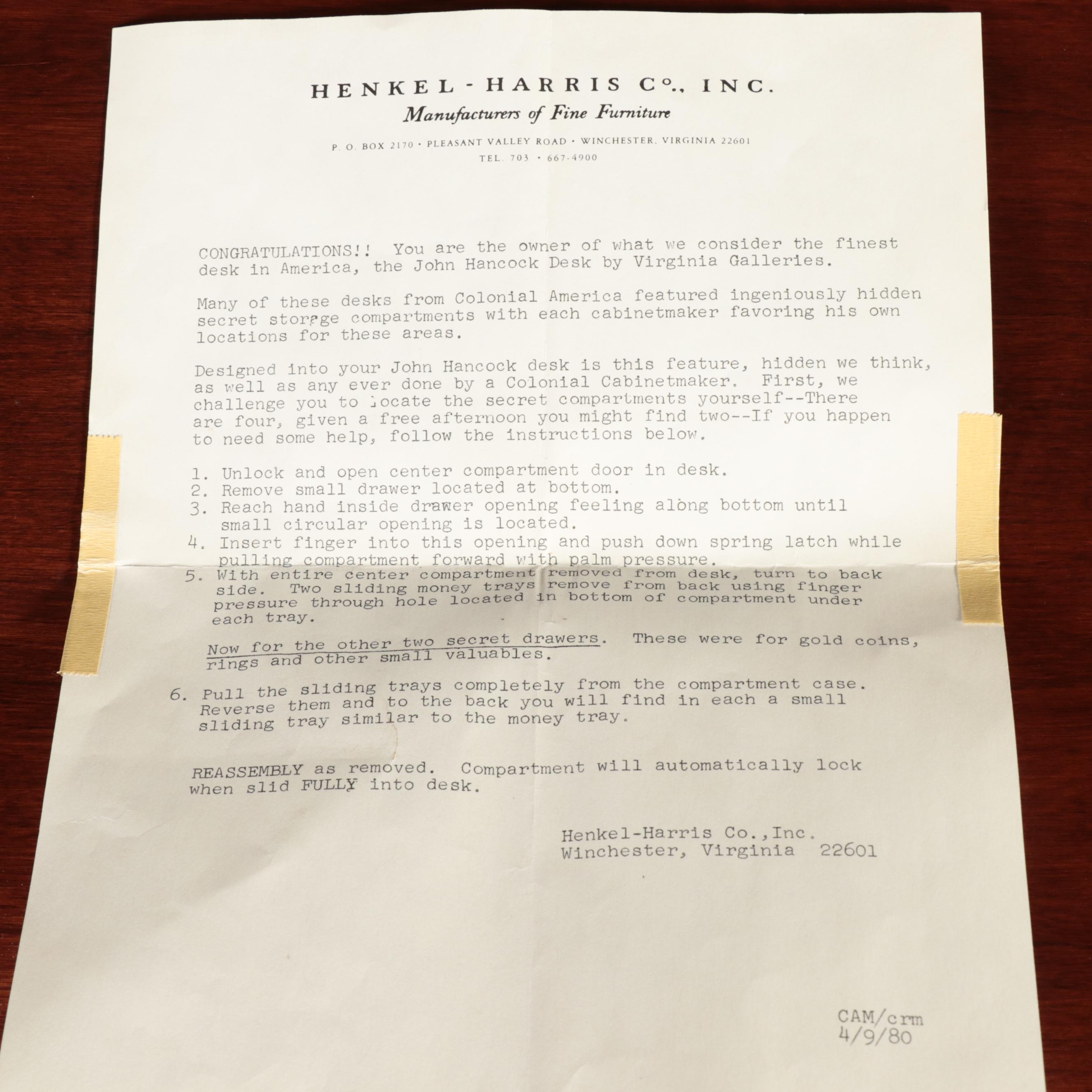 Henkel-Harris Virginia Galleries "John Hancock" Cherry Secretary Bookcase