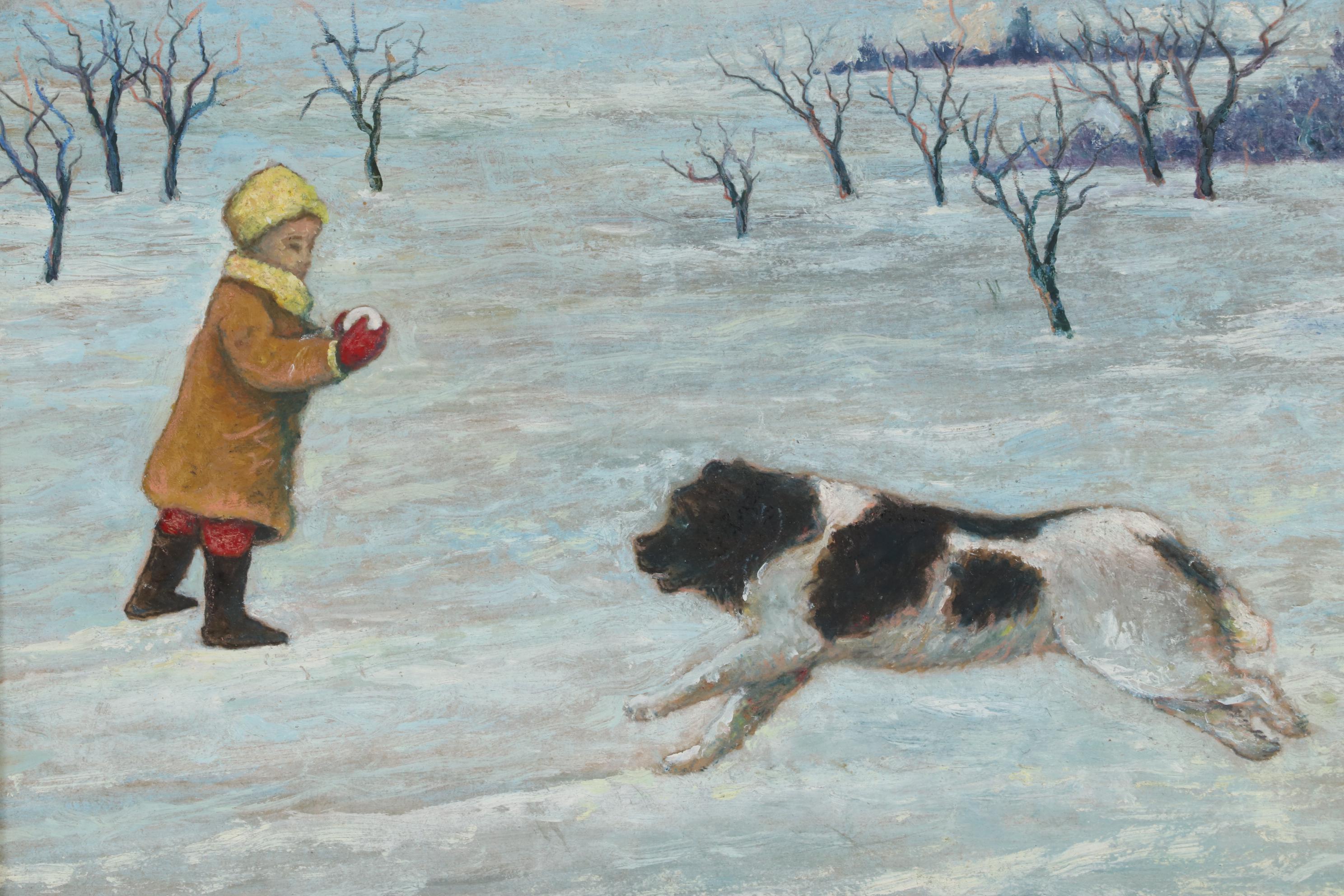 Winter Landscape Oil Painting of Child Playing With Dog