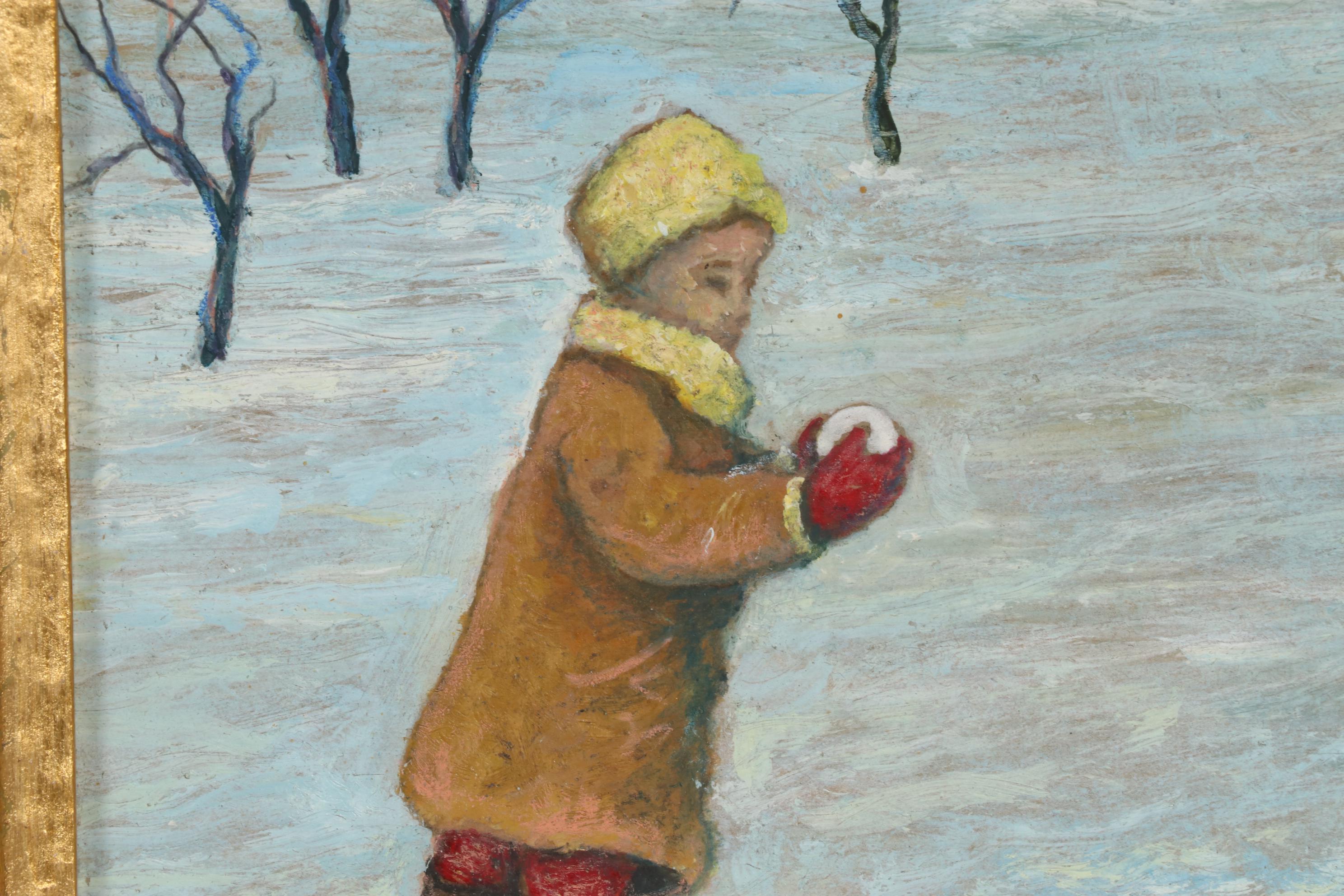 Winter Landscape Oil Painting of Child Playing With Dog