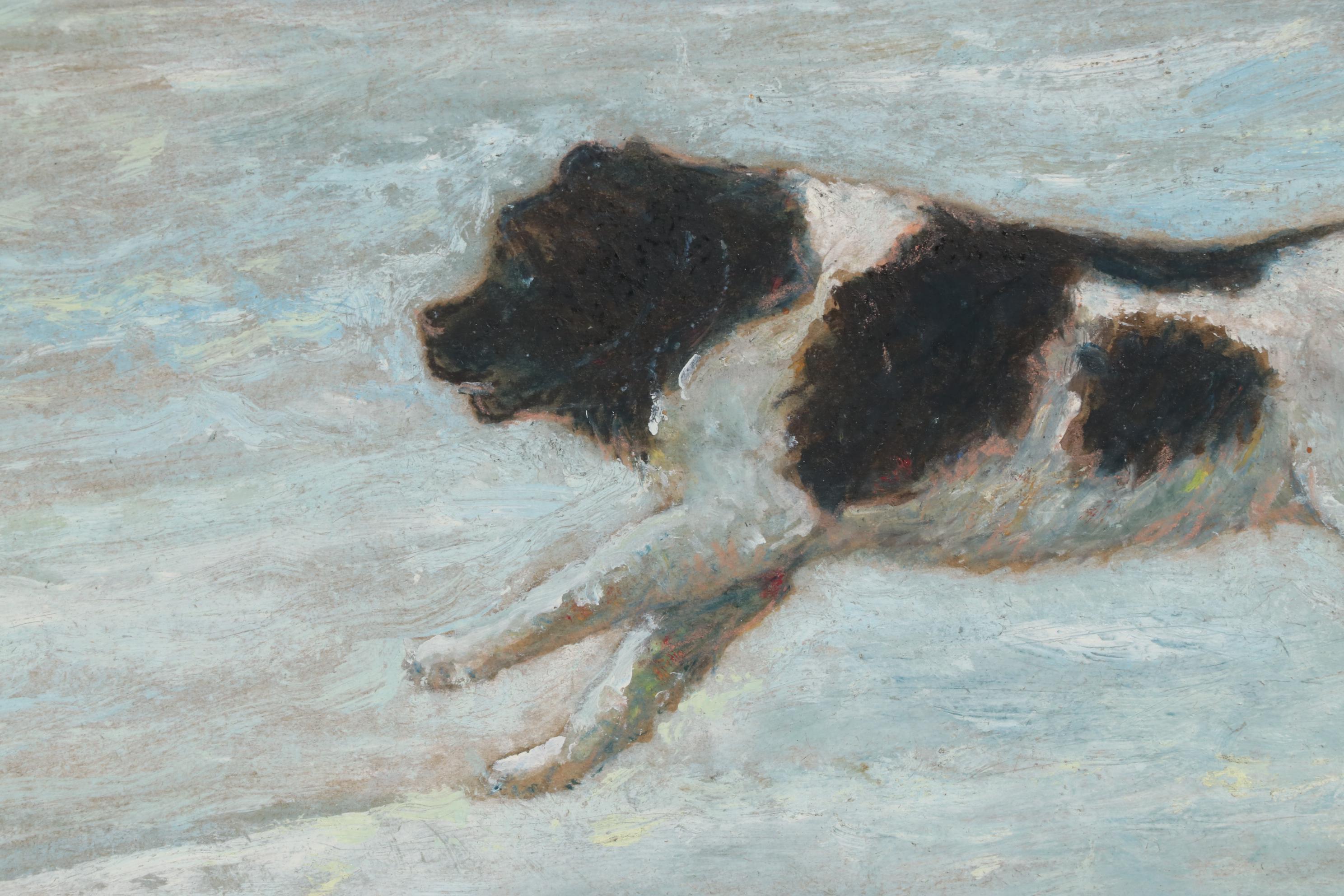 Winter Landscape Oil Painting of Child Playing With Dog