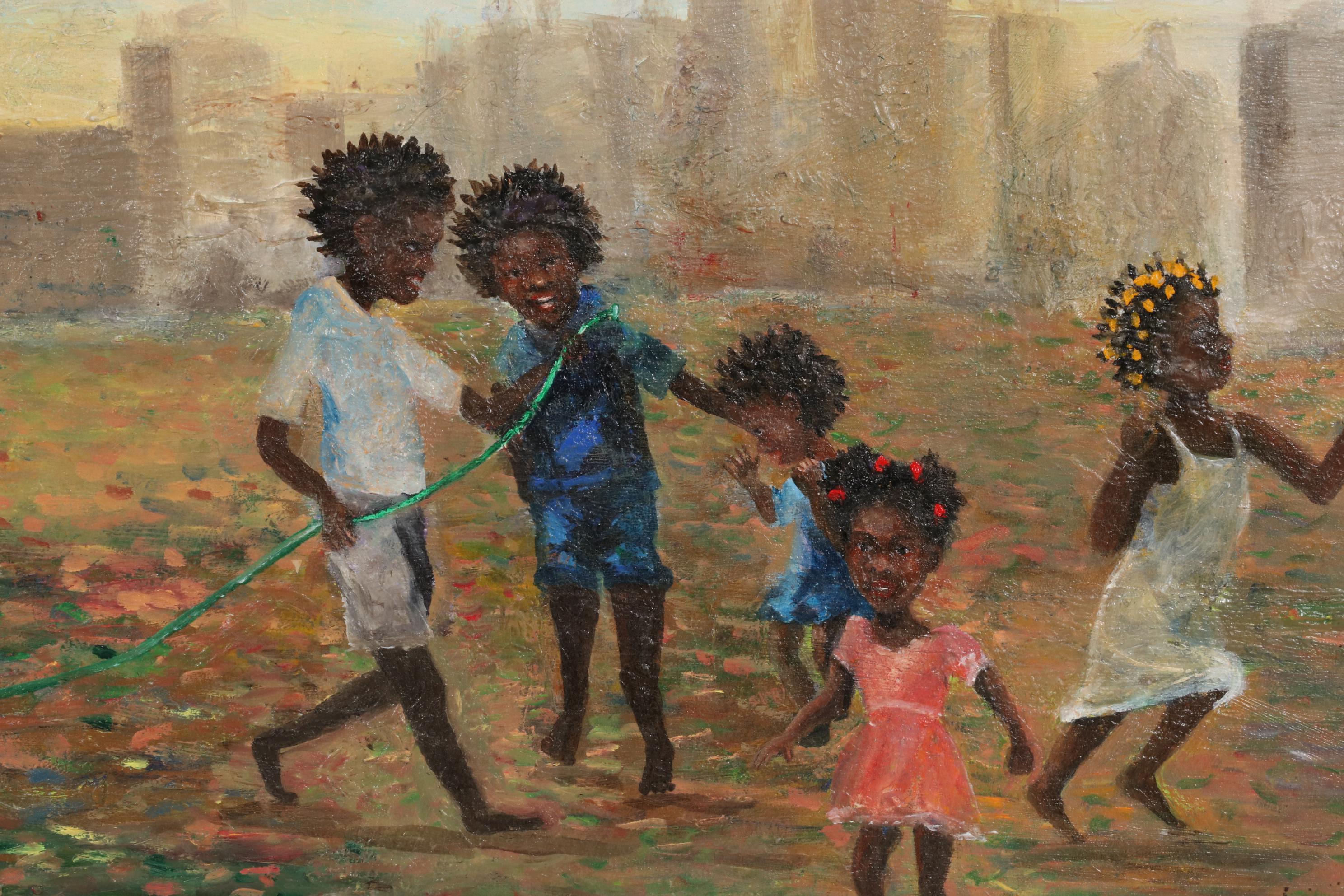 Oil Painting of Children Playing Outside