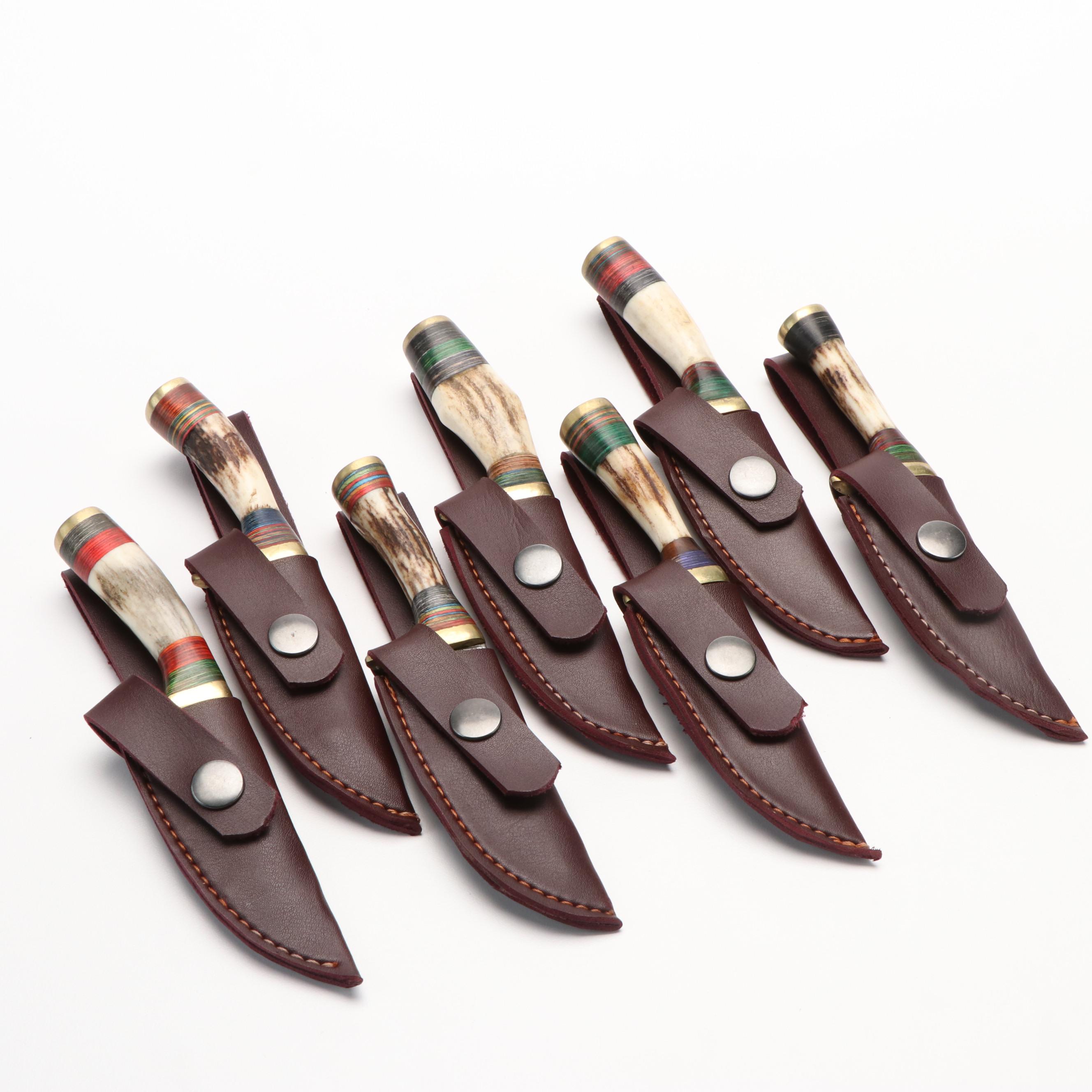 Group of Seven Damascus Steel Hunting Knives