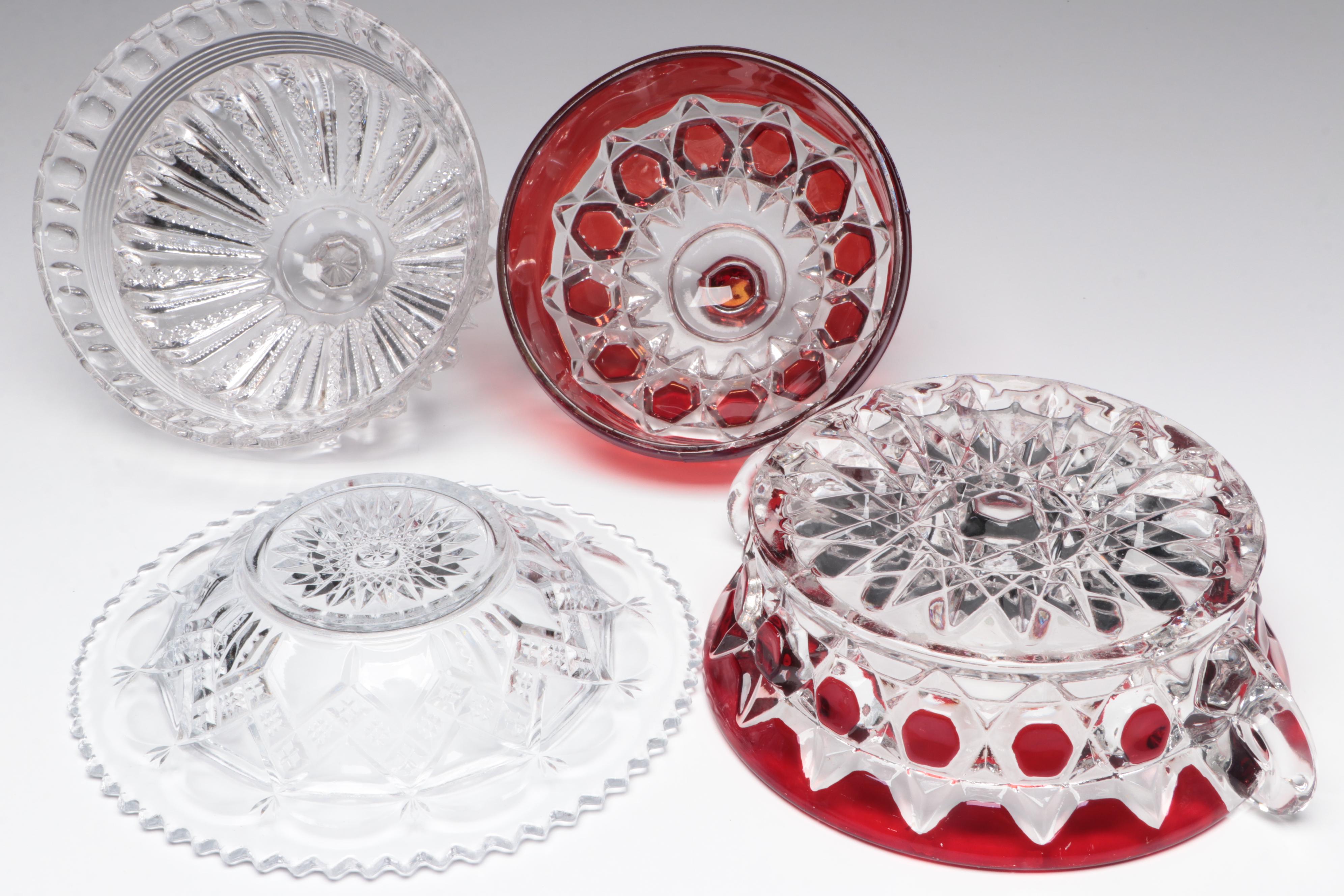 US Glass "Red Block" Covered Cheese Dish with Other Glassware