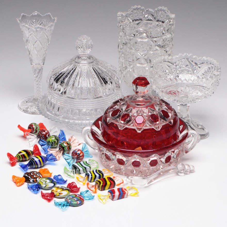 US Glass "Red Block" Covered Cheese Dish with Other Glassware